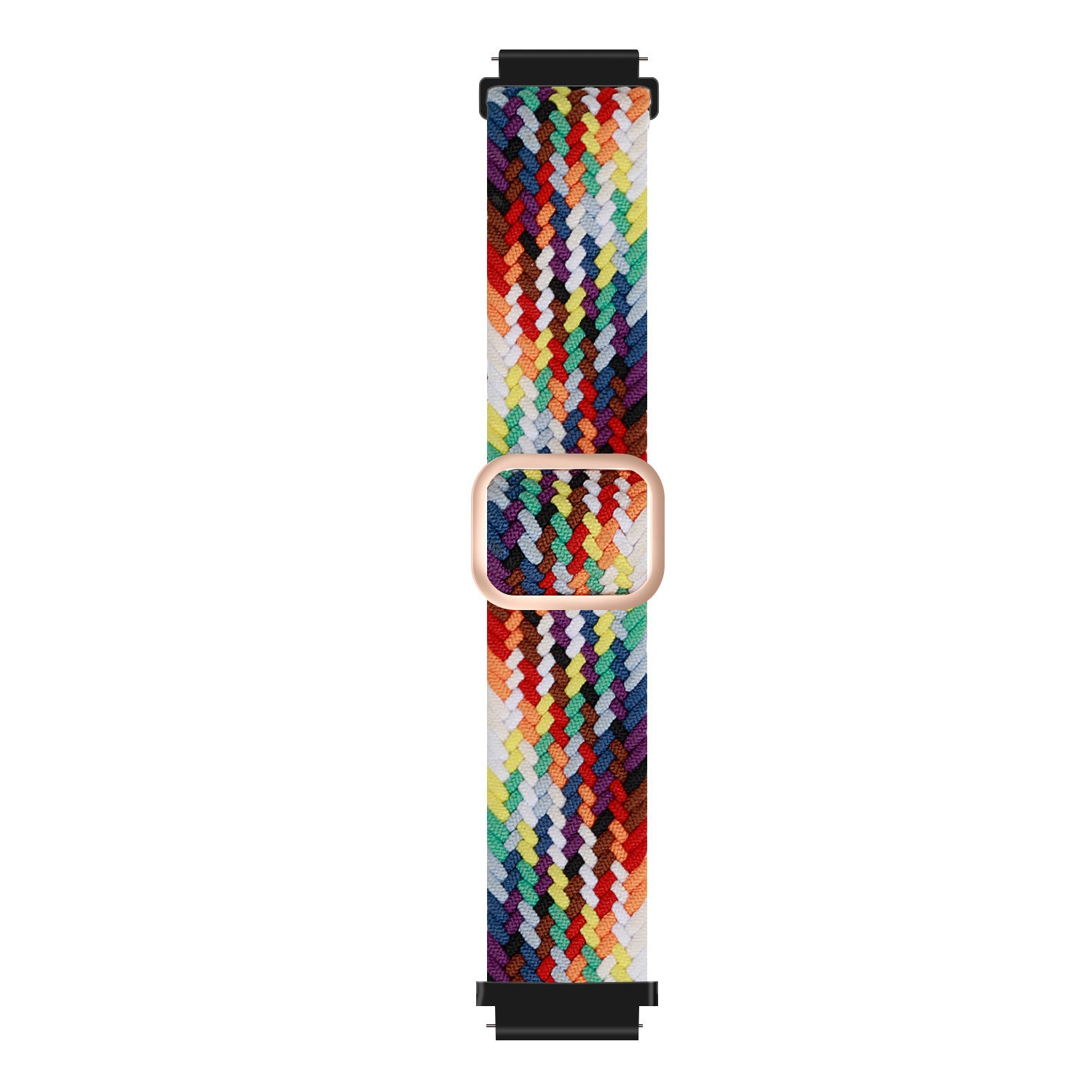 Ein bunt geflochtenes Uhrenarmband mit goldener Schnalle. Das Band weist ineinander verwobene Stränge in verschiedenen Farben auf, darunter Rot, Grün und Weiß.