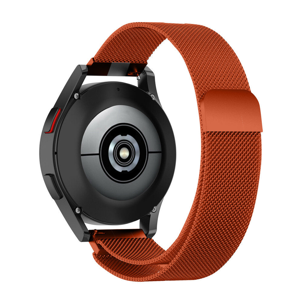 Eine schwarze Smartwatch mit orangefarbenem Mesh-Armband. Das Zifferblatt ist dunkel mit einem kreisförmigen Sensor. Das Band ist um die Uhr.