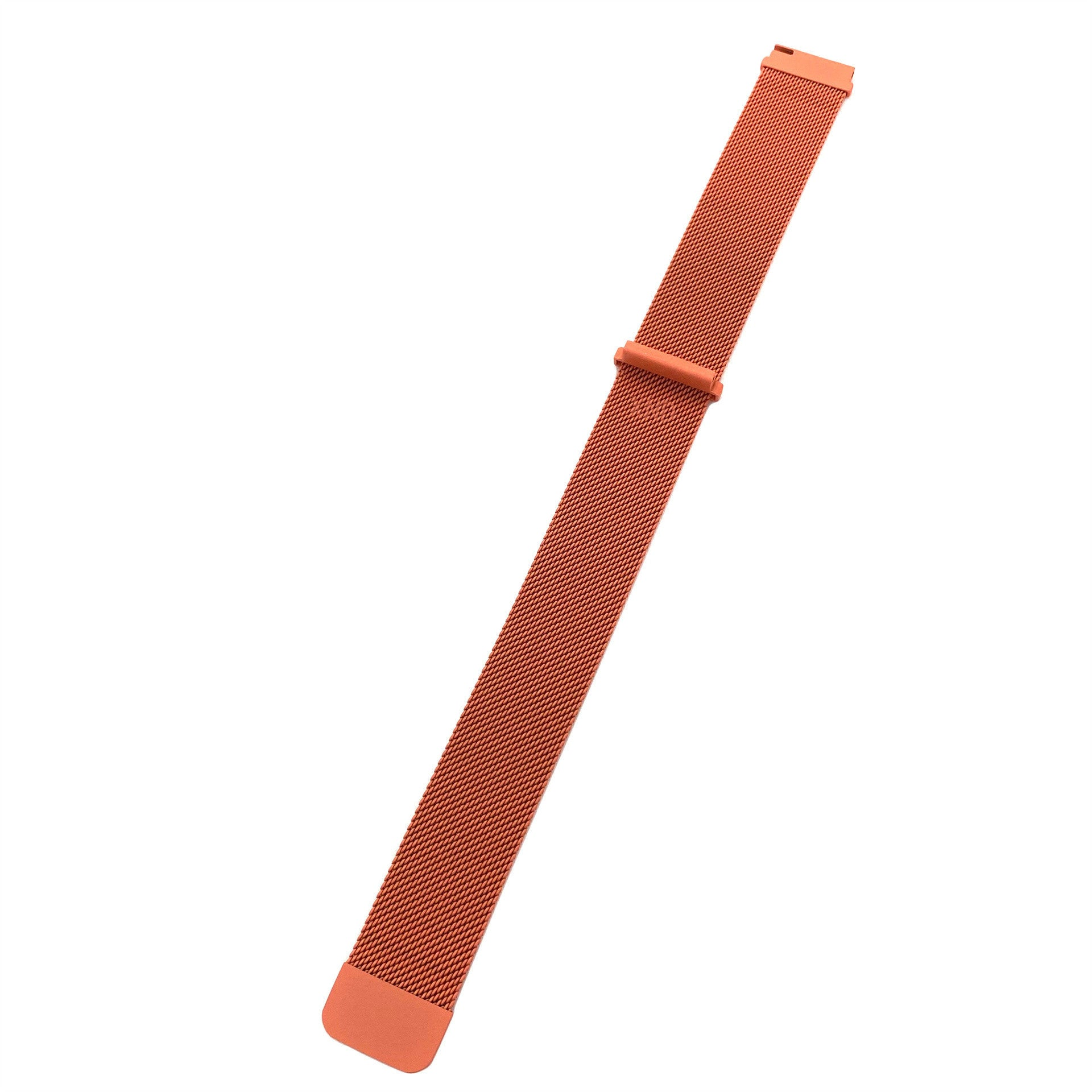 Ein orangefarbenes Uhrenarmband auf weißem Hintergrund. Es ist diagonal ausgerichtet. Das Band ist netzartig mit einem Verschluss in der Mitte.