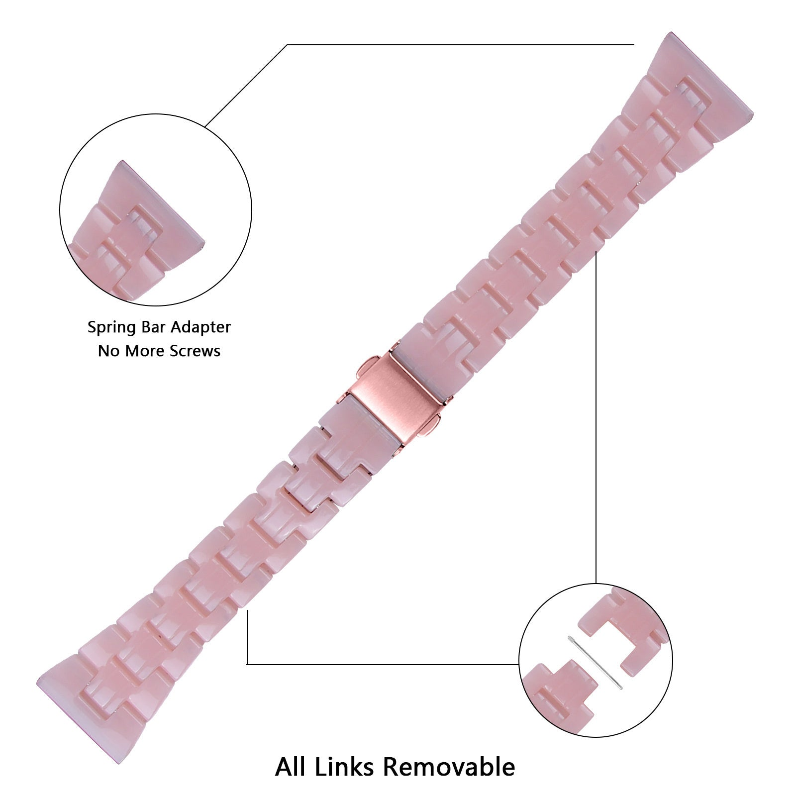 Ein rosa Uhrenarmband mit abnehmbaren Gliedern. Enthält einen Federstegadapter. Das Band ist auf weißem Hintergrund abgewinkelt.