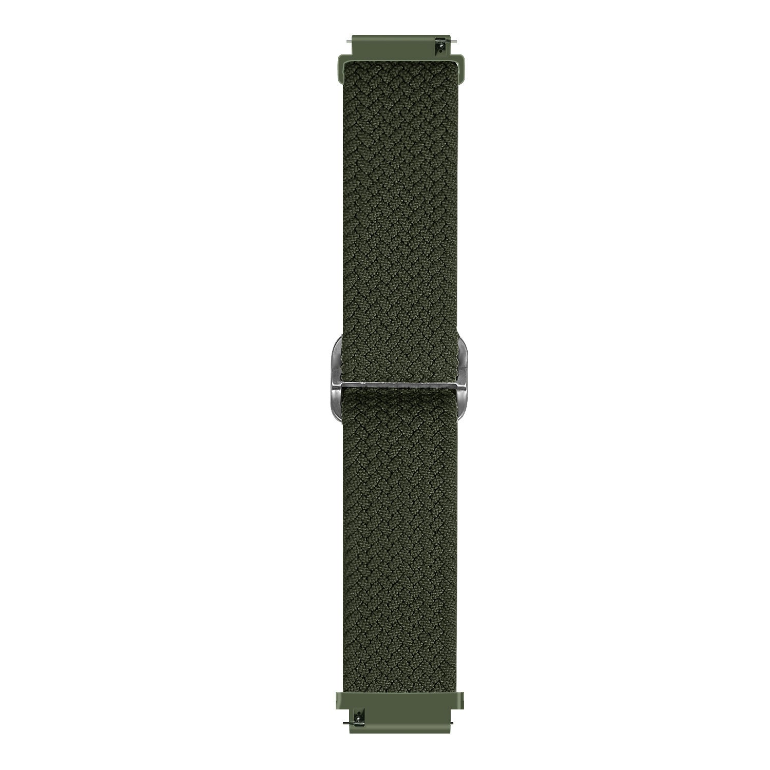 Ein grünes Uhrenarmband mit gewebter Textur und silberner Schnalle. Der Riemen ist vertikal auf weißem Hintergrund zentriert.