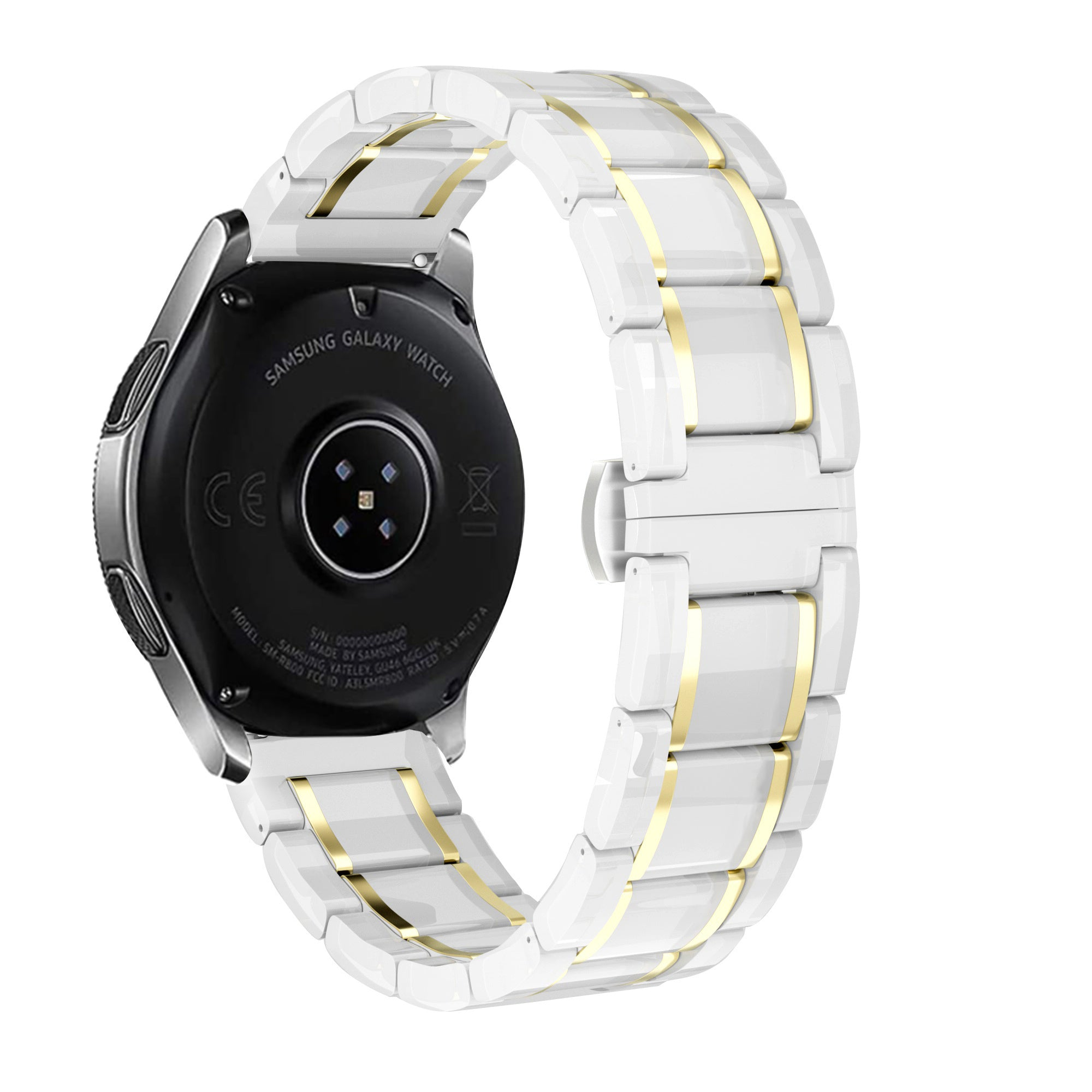 Eine weiße Samsung Galaxy Watch mit weißem und goldenem Armband wird vor weißem Hintergrund gezeigt.