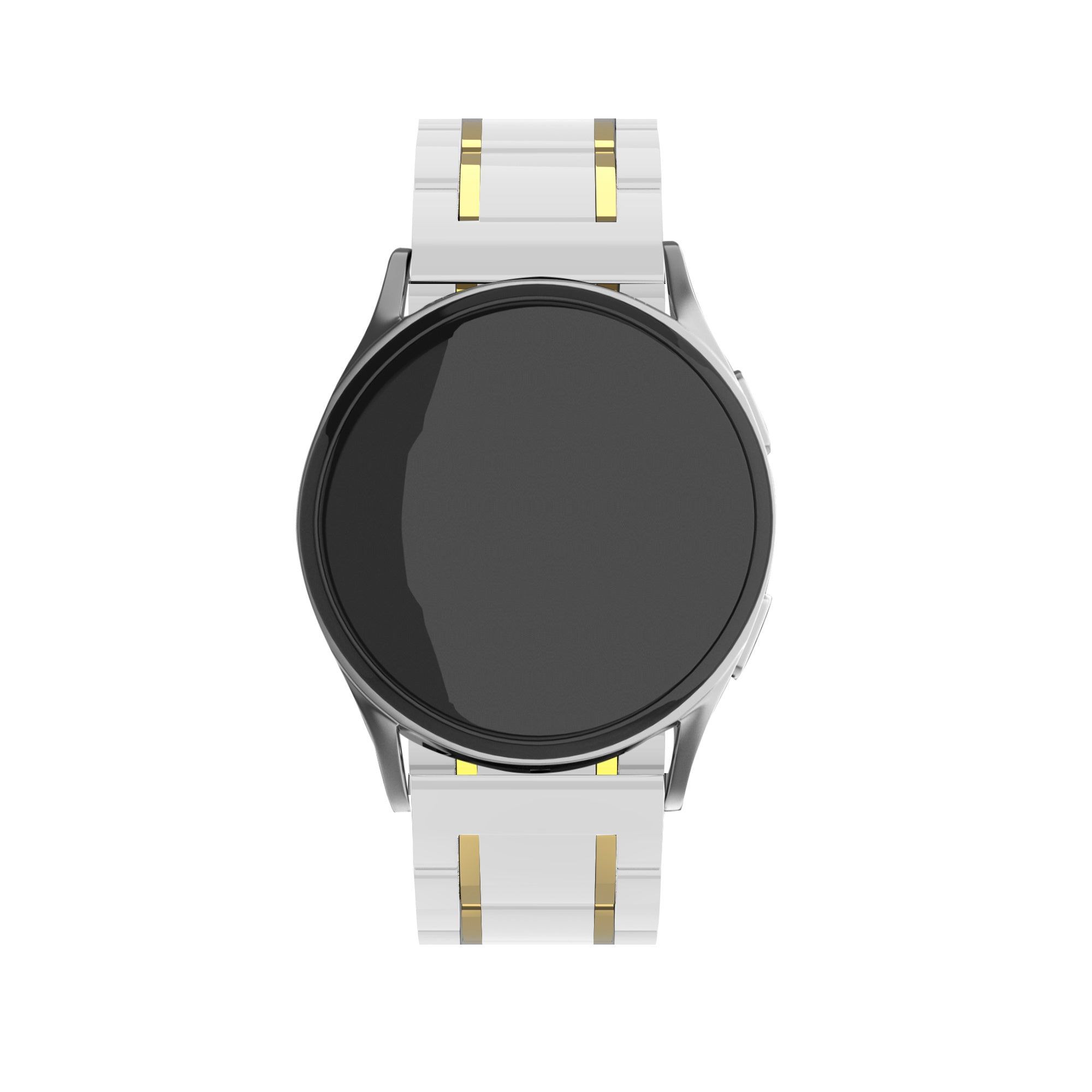 Eine silberne Smartwatch mit schwarzem Bildschirm und weißen Armbändern mit goldenen Akzenten, vor weißem Hintergrund.