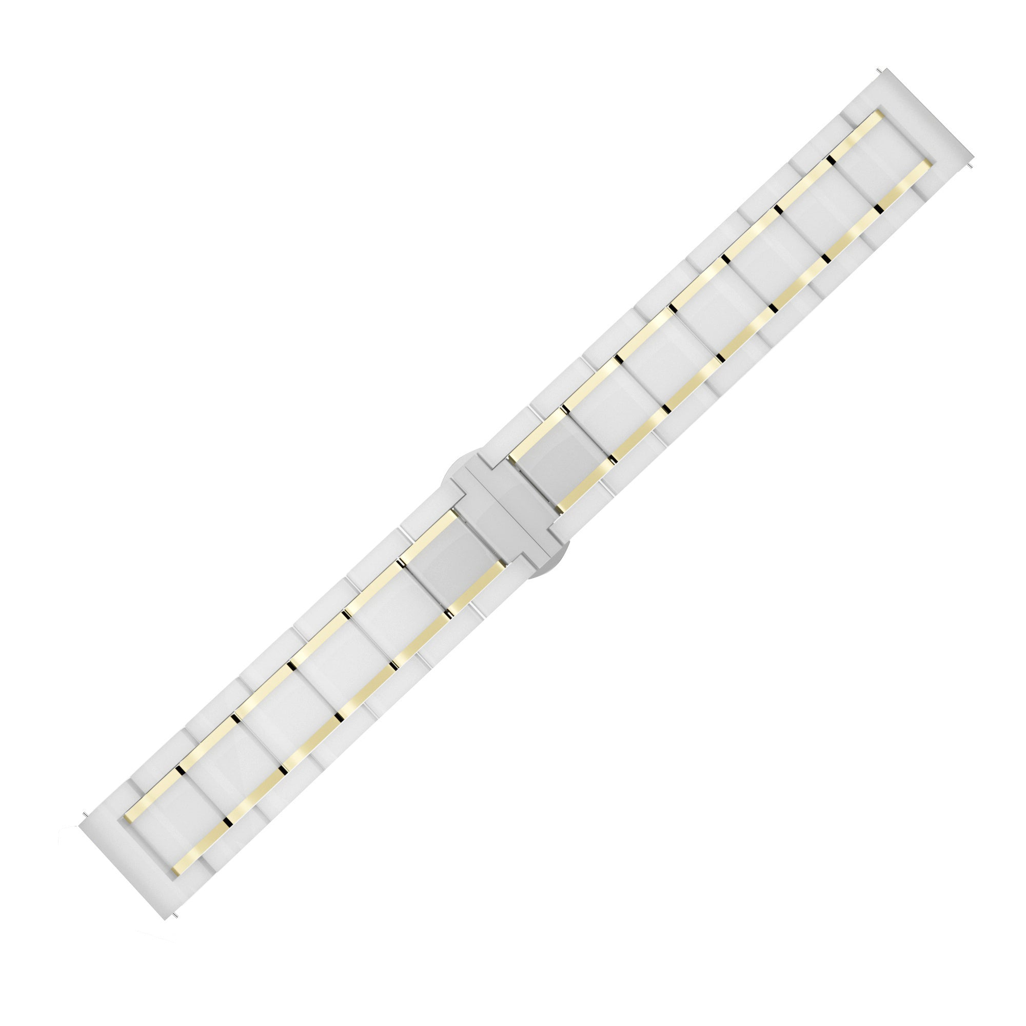 Ein Uhrenarmband mit weißen Gliedern und goldenen Akzenten. Der Hintergrund ist schlicht weiß. Das Armband ist diagonal abgewinkelt.