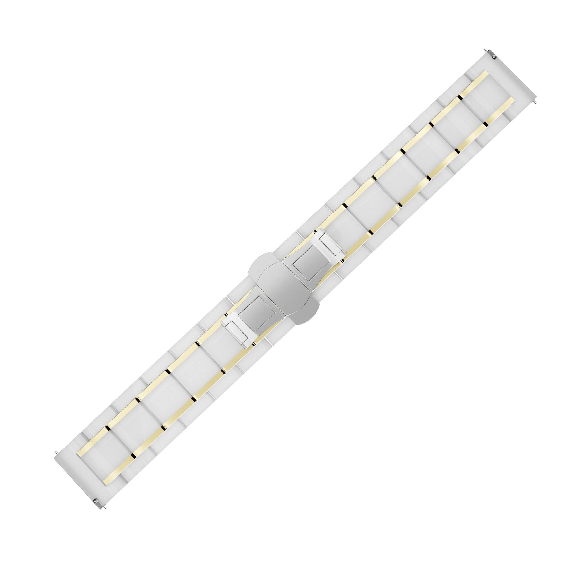 Ein Uhrenarmband, abgewinkelt. Das Armband ist grau und weiß mit goldenen Akzenten. Der Hintergrund ist weiß.