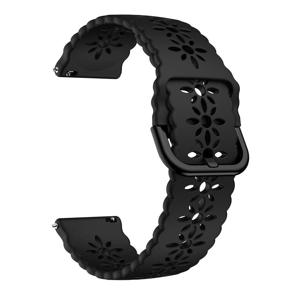 Schwarzes Uhrenarmband mit floralen Aussparungen und einer Metallschnalle. Es ist gebogen und hat zwei Teile, einen mit Stift.