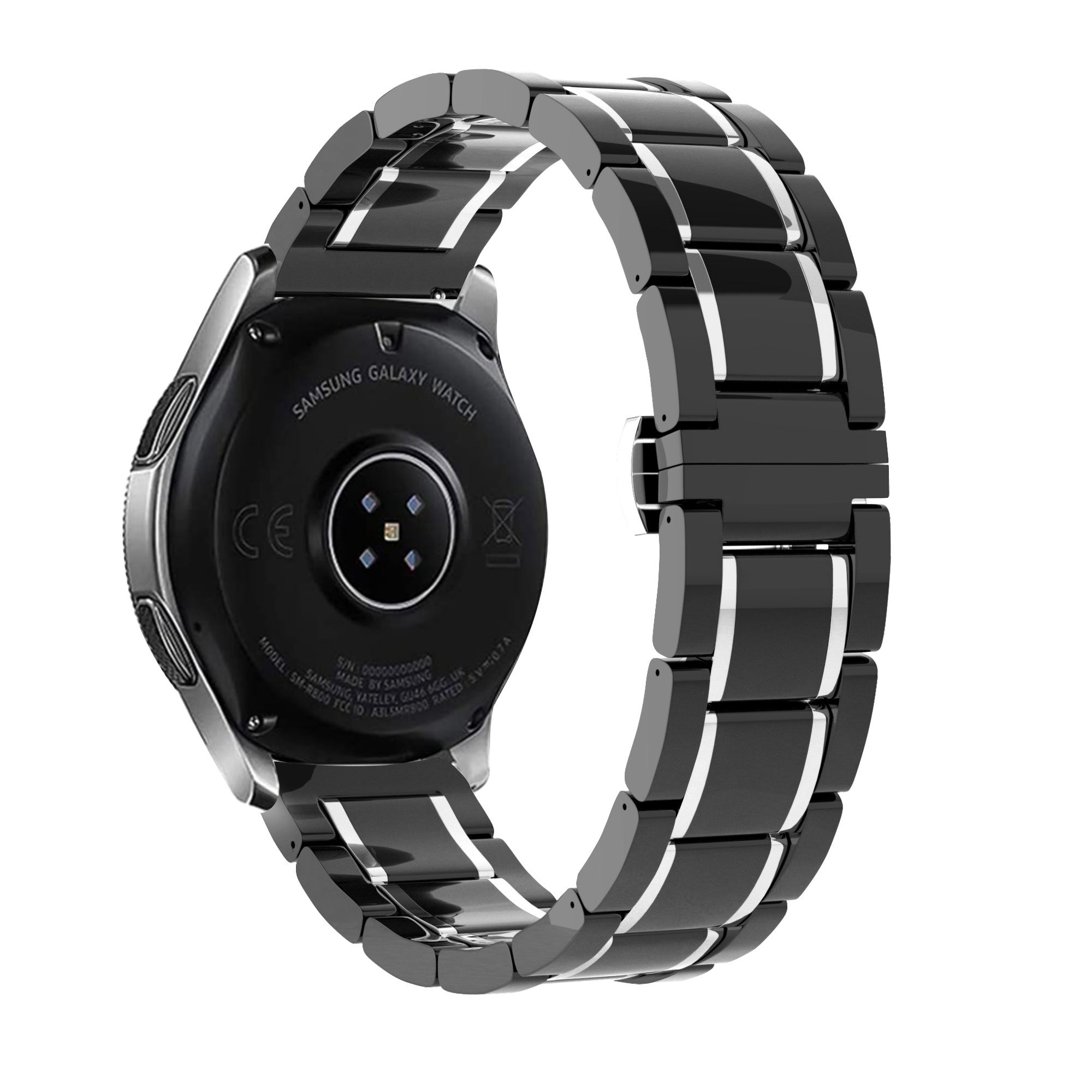 Eine schwarze Samsung Galaxy Watch mit einem schwarz-silbernen Armband. Die Rückseite der Uhr ist sichtbar und zeigt Markendetails.