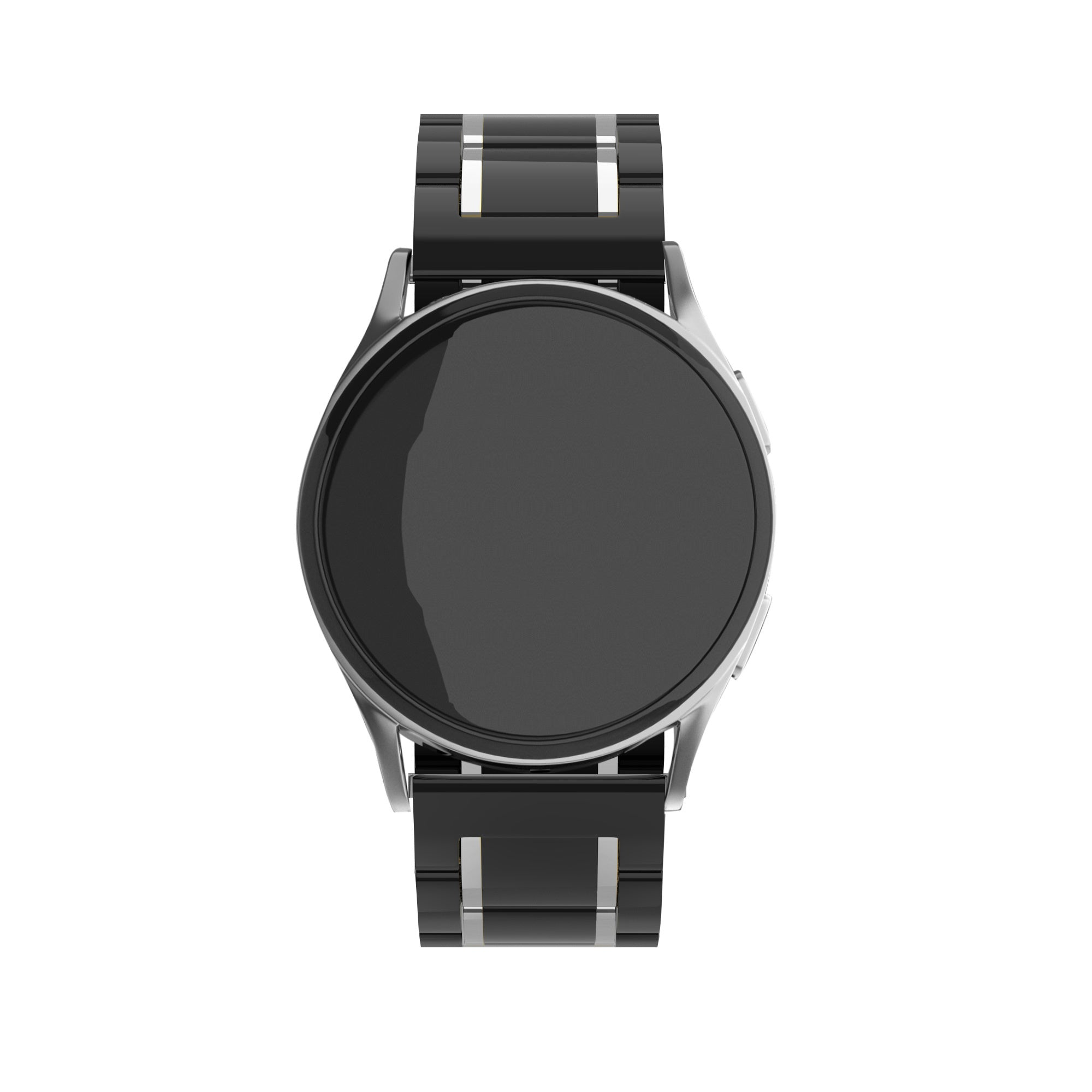 Eine schwarze Smartwatch mit rundem Bildschirm und einem schwarz-silbernen Armband, isoliert auf weißem Hintergrund.