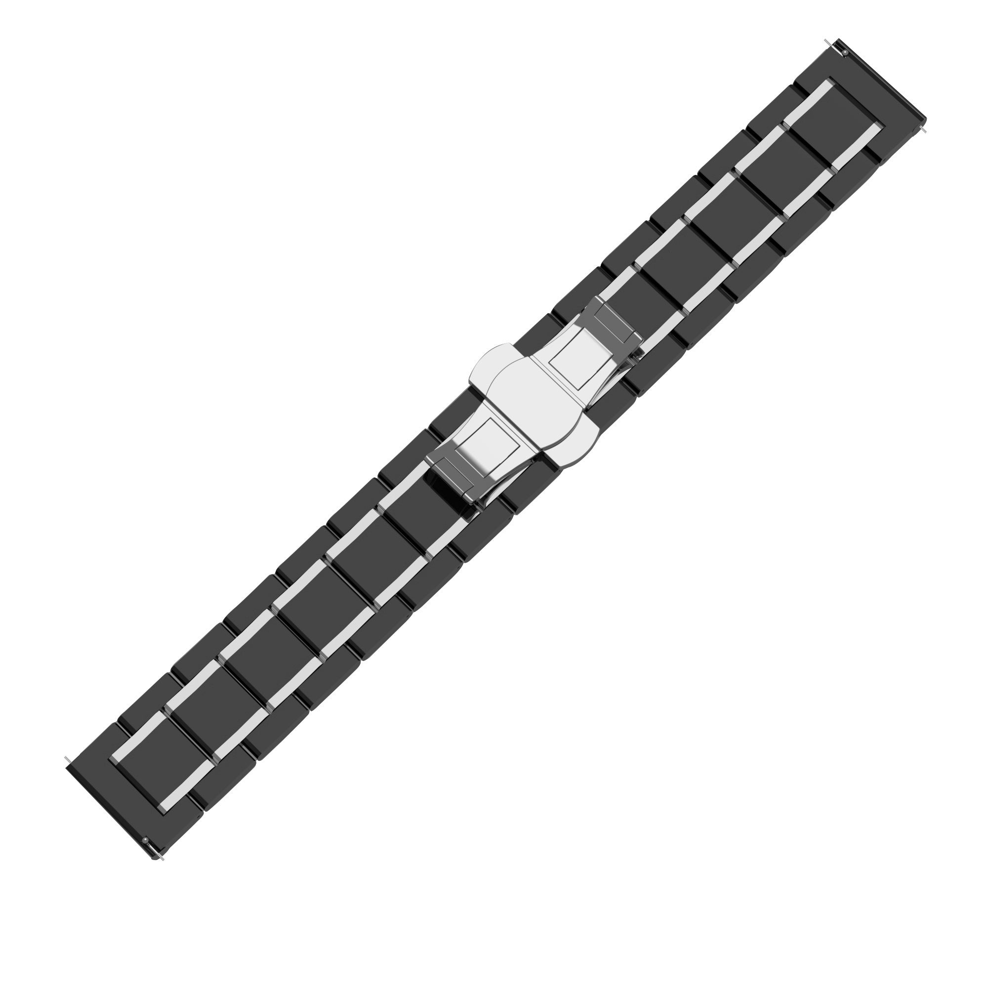 Ein schwarzes und silbernes Uhrenarmband liegt diagonal auf weißem Hintergrund. Das Band besteht aus rechteckigen Gliedern und einer silbernen Schließe.