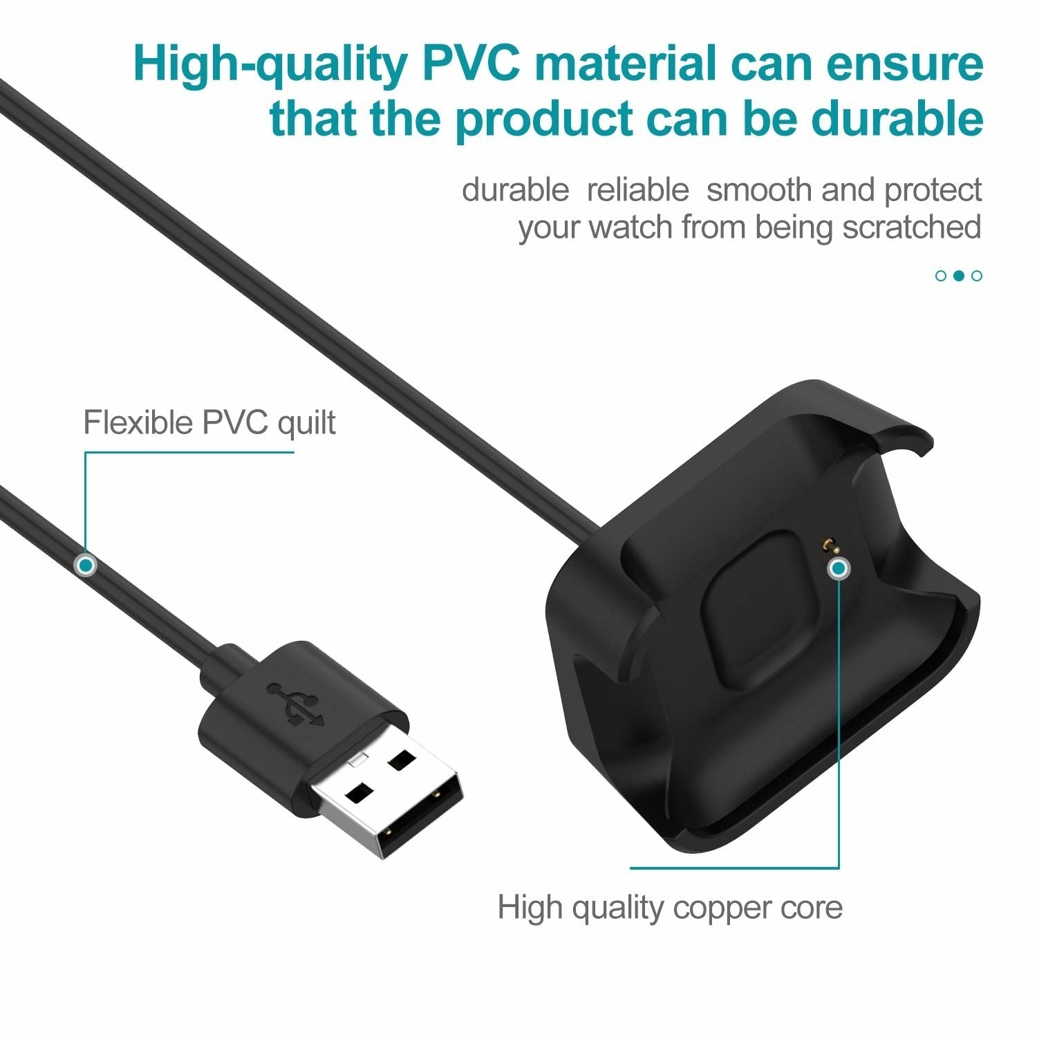 Ein schwarzes Ladekabel mit USB-Ende und einer Uhrenladestation. Textbezeichnungen umfassen PVC-Material und Kupferkern.
