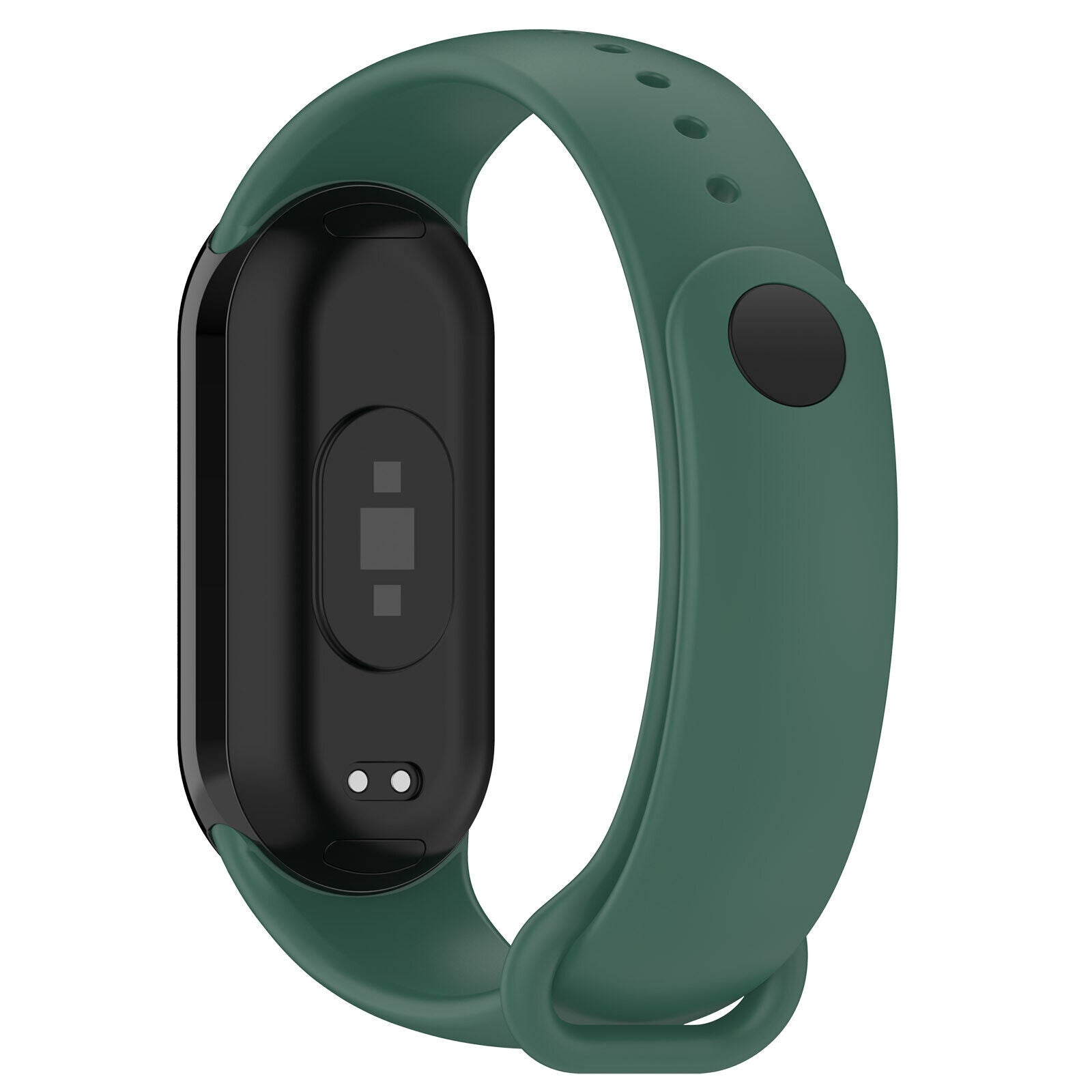 Eine grüne Smartwatch mit schwarzem Bildschirm wird auf weißem Hintergrund gezeigt. Das Armband ist grün und der Bildschirm schwarz.