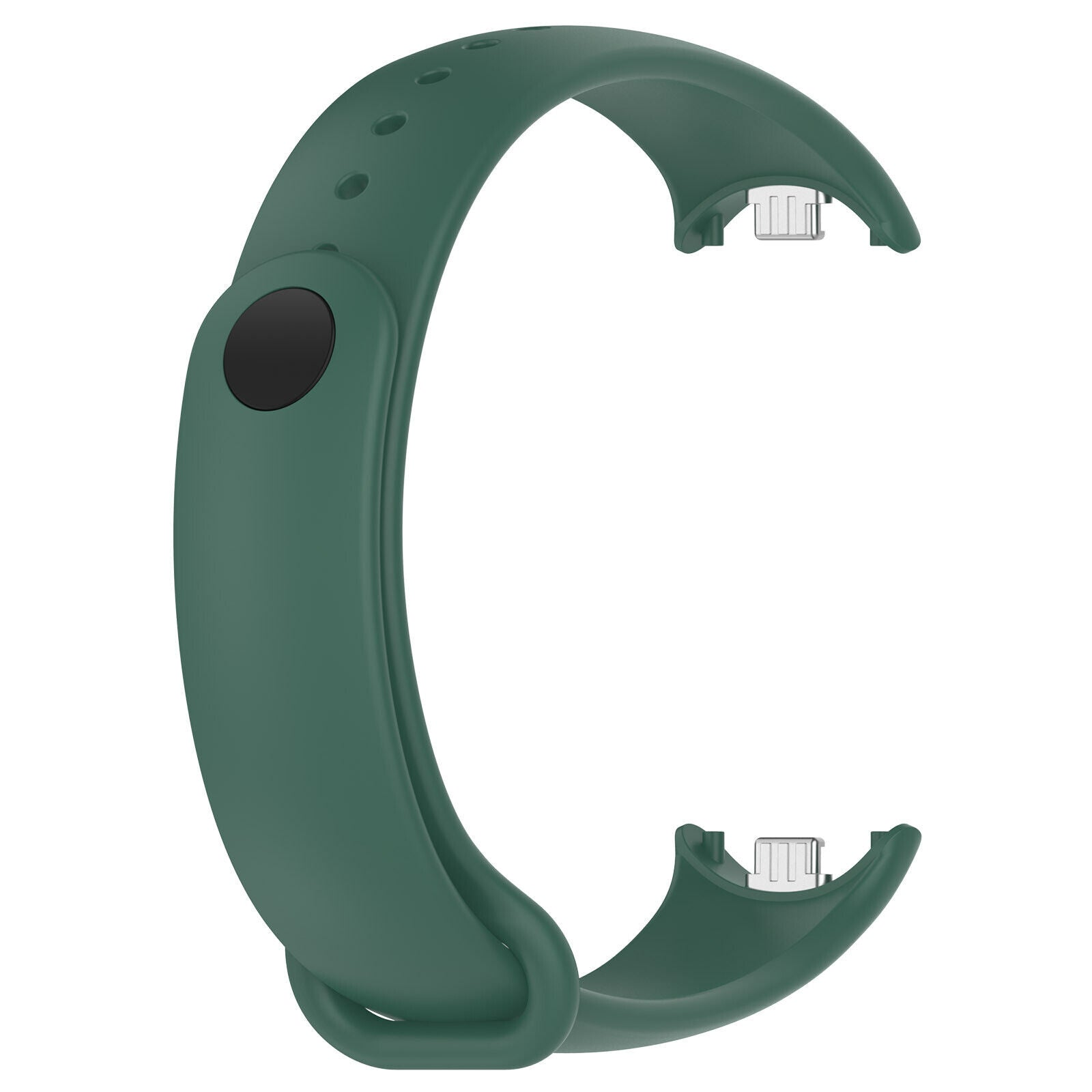 Ein grünes Smartwatch-Armband mit einem schwarzen Knopf. Das Band ist C-förmig gebogen und hat Metallverbinder.