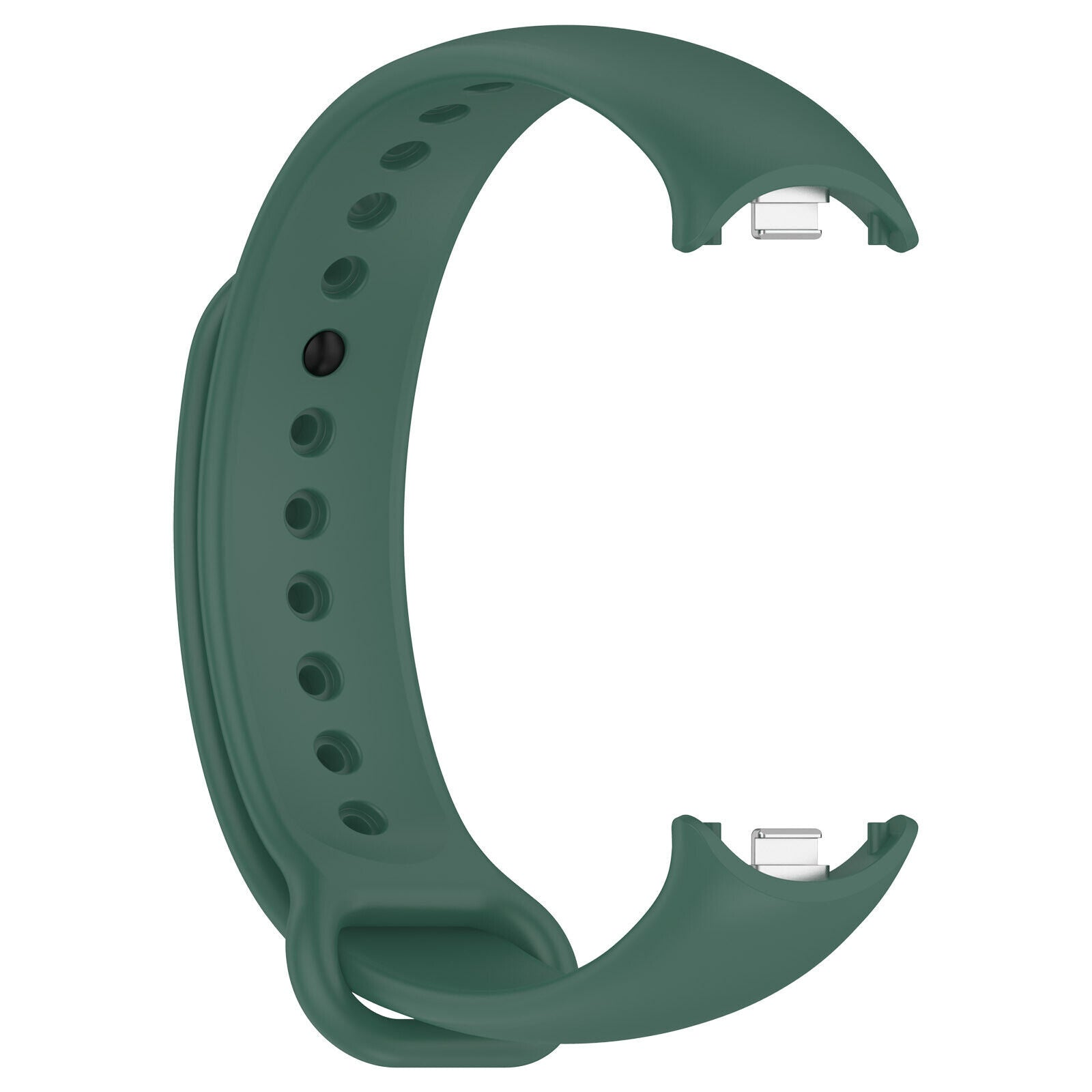 Ein gebogenes, dunkelgrünes Smartwatch-Armband mit Löchern, einem schwarzen Knopf und silbernen Anschlüssen.