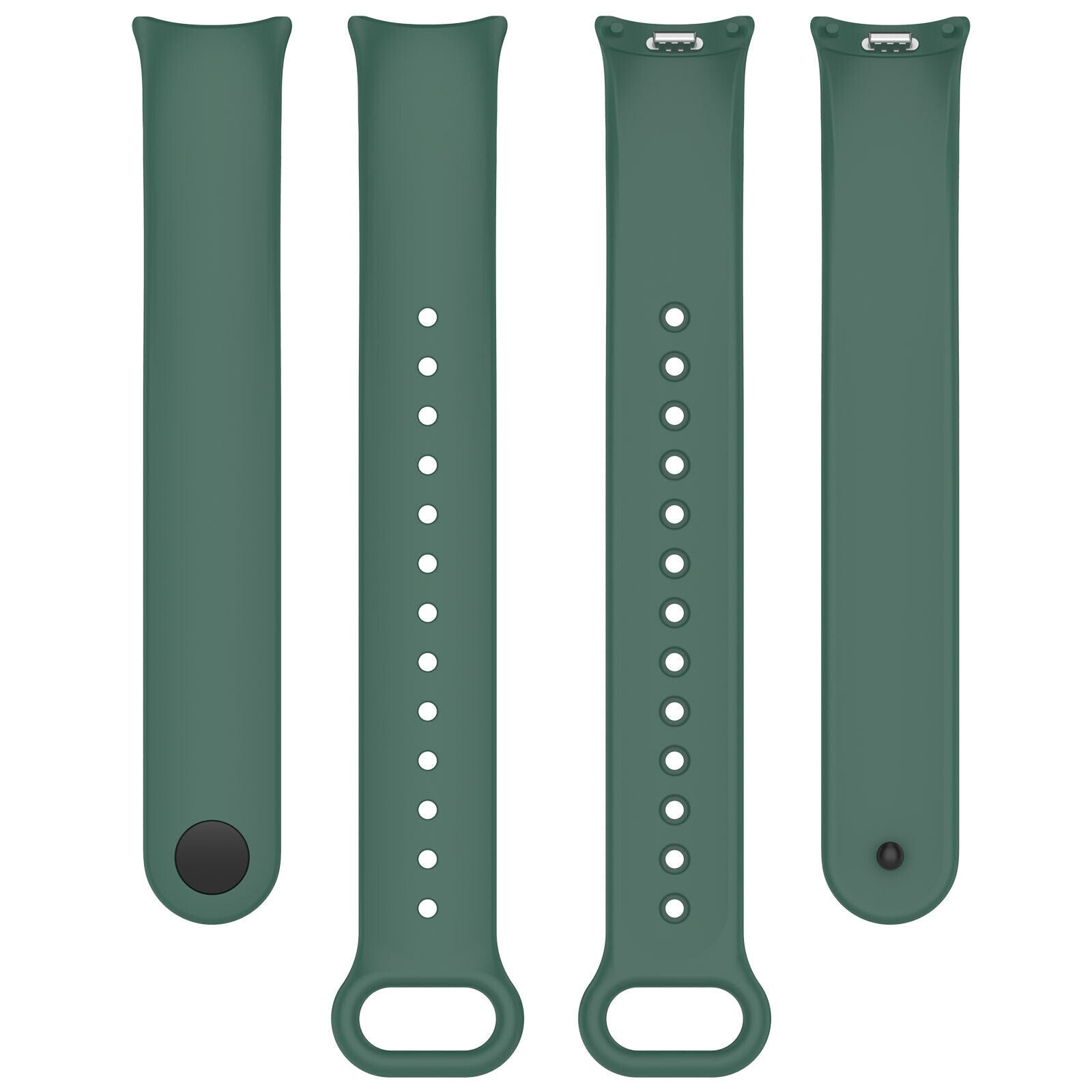 Vier dunkelgrüne Uhrenarmbänder, zwei mit Löchern und zwei mit Stift. Sie befinden sich auf weißem Hintergrund.