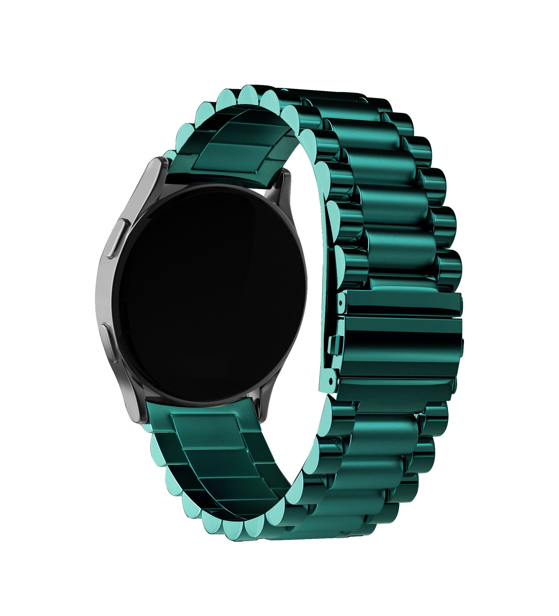 Eine silberne Smartwatch mit schwarzem Bildschirm und einem teal-farbenen Metallarmband, isoliert auf weißem Hintergrund.