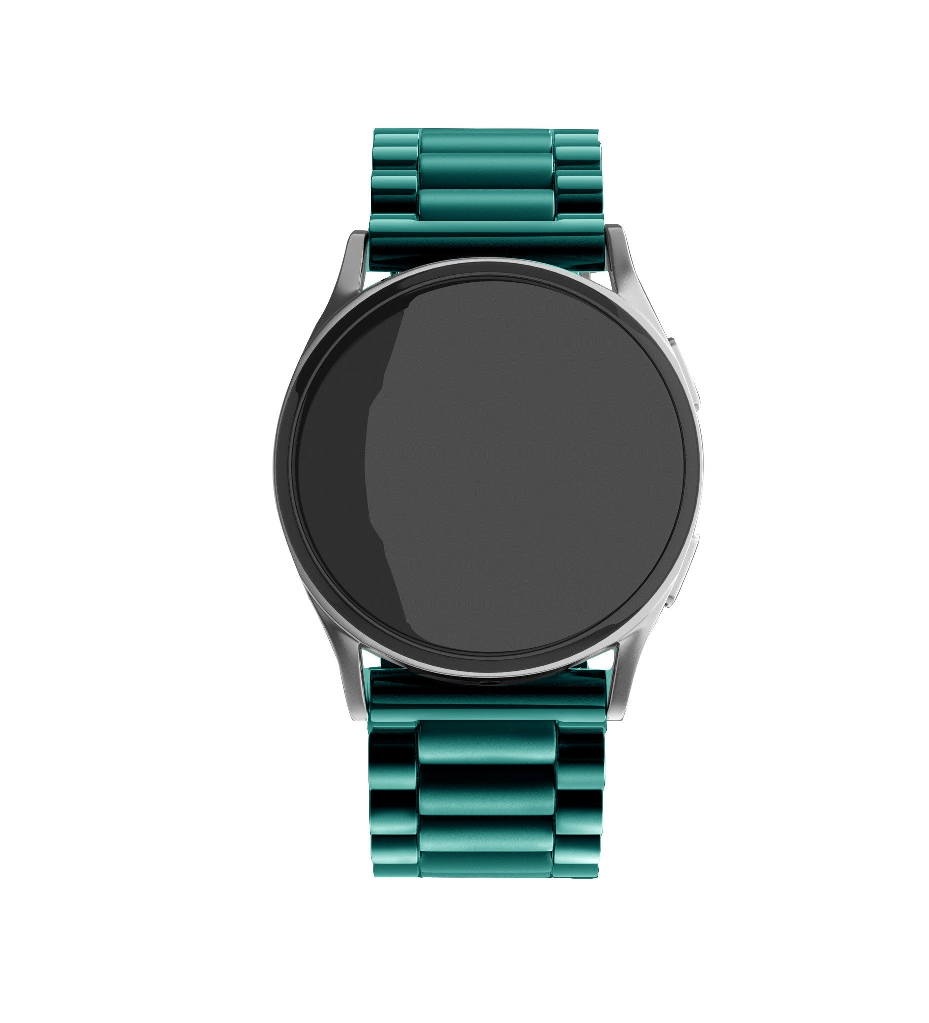 Eine türkisfarbene Smartwatch auf weißem Hintergrund. Die Uhr hat einen schwarzen runden Bildschirm und ein türkisfarbenes Metallarmband.