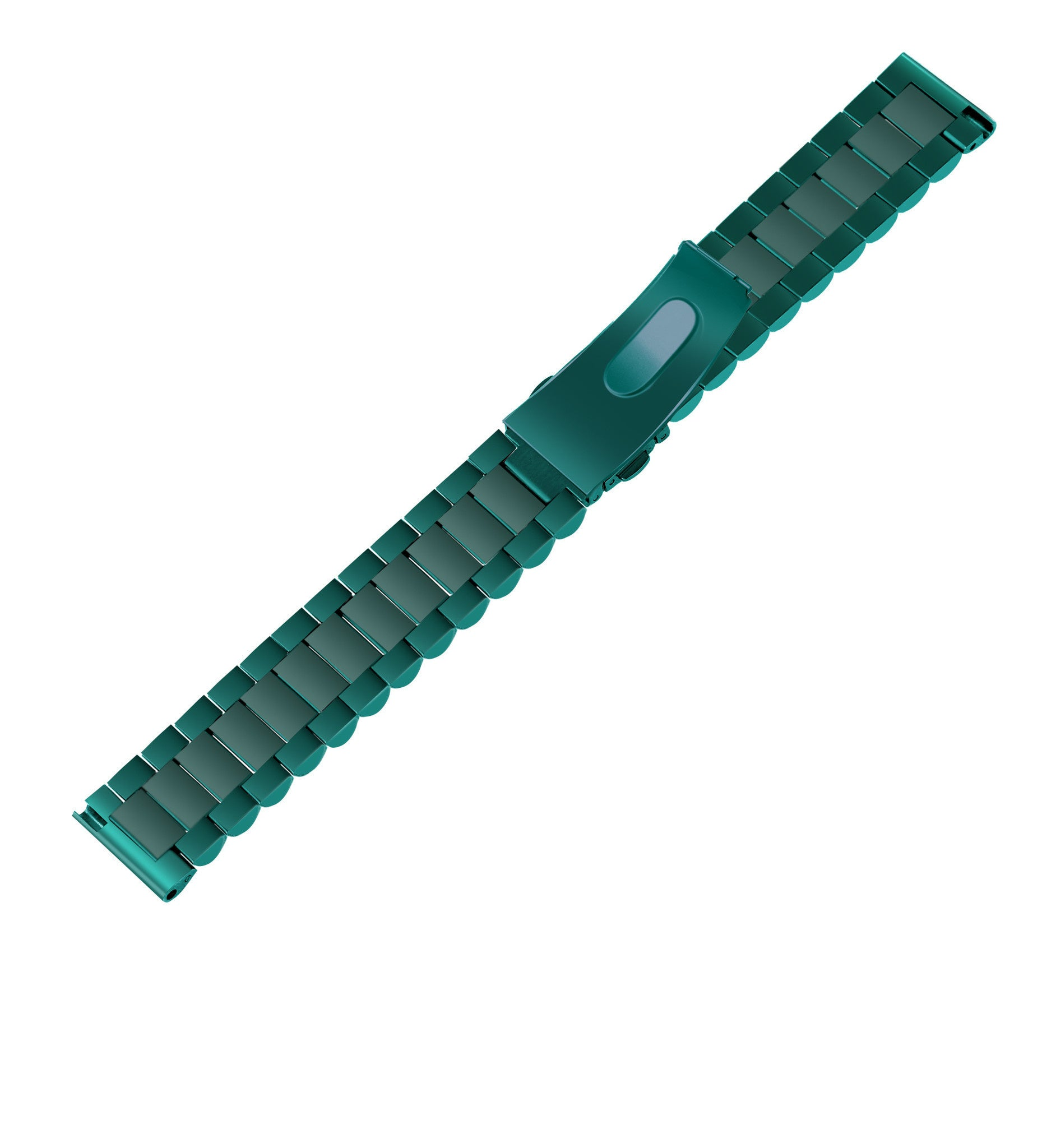 Ein türkisfarbenes Metall-Uhrenarmband liegt diagonal. Es hat rechteckige Glieder und einen Verschluss in der Mitte, vor weißem Hintergrund.