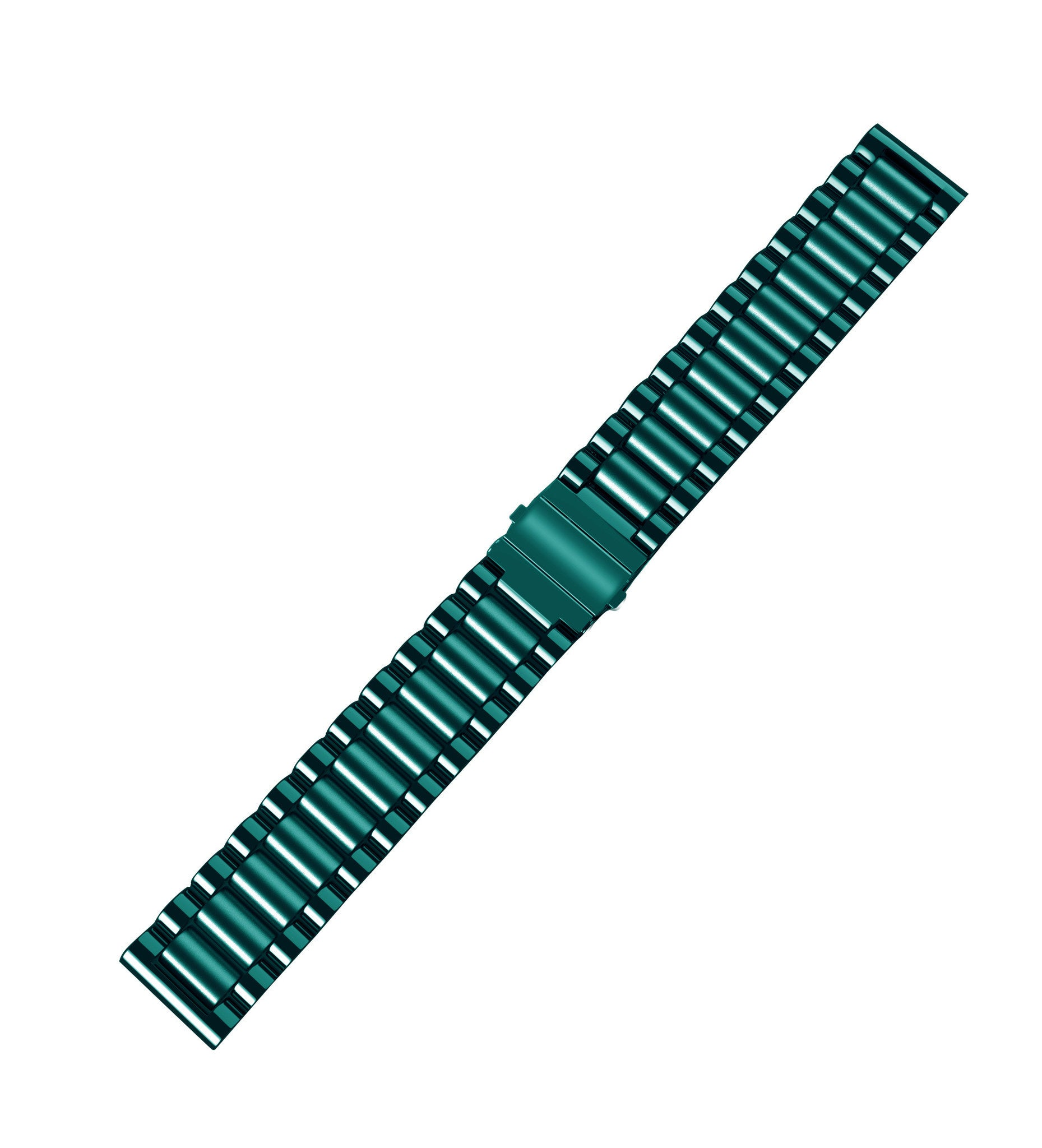 Ein tealfarbenes Metall-Uhrenarmband auf weißem Hintergrund. Das Armband ist segmentiert mit einem Faltschloss.