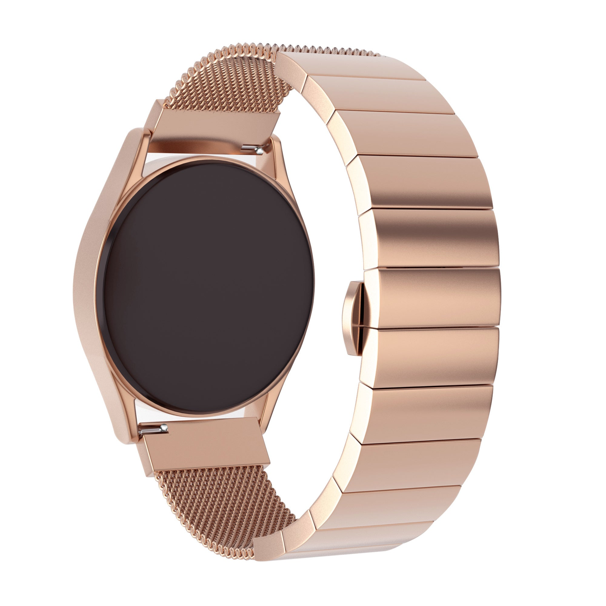 Roségoldene Smartwatch mit schwarzem Bildschirm und Metallarmband, vor weißem Hintergrund.