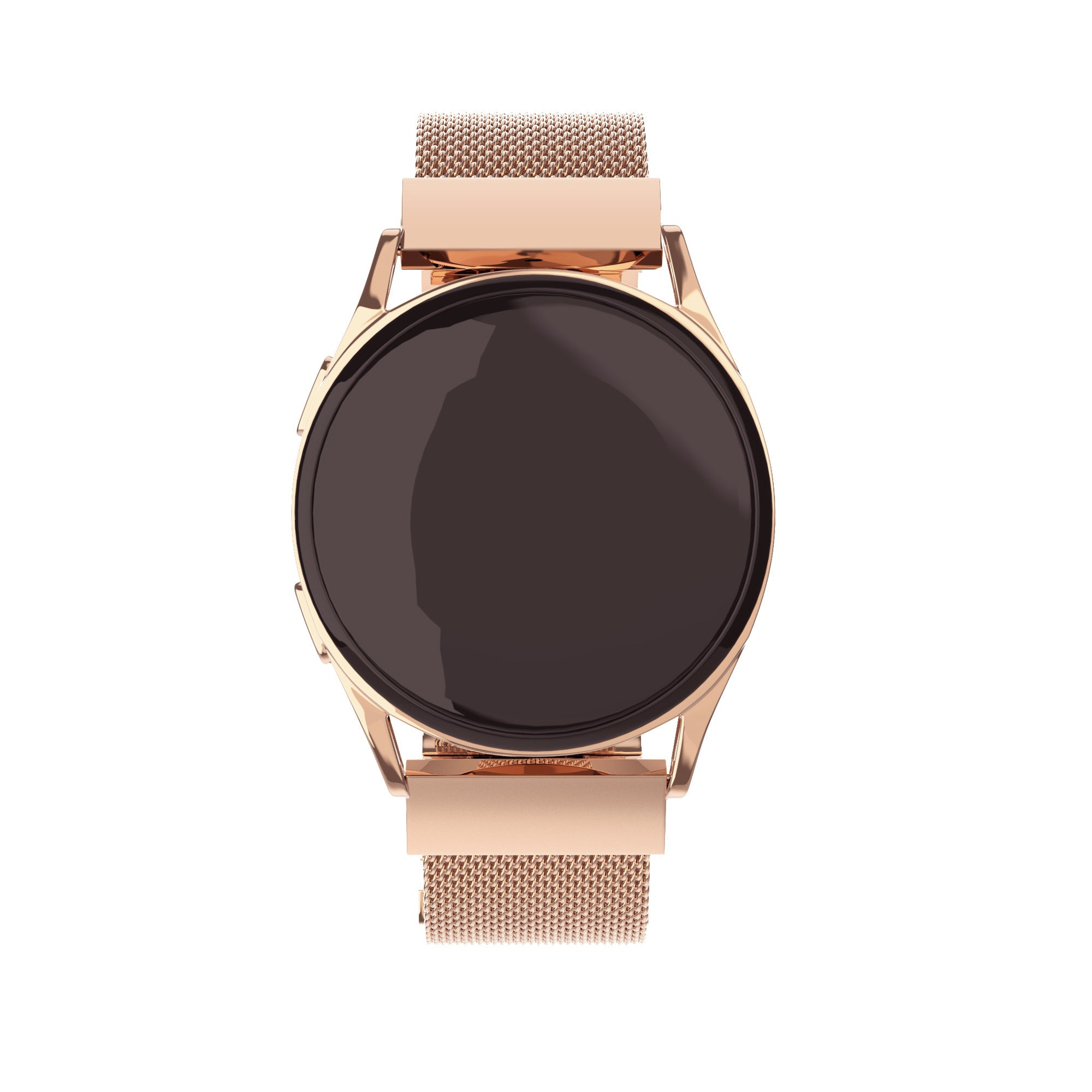 Eine roségoldene Smartwatch steht auf weißem Hintergrund. Die Uhr hat einen dunklen Bildschirm und ein Mesh-Armband.