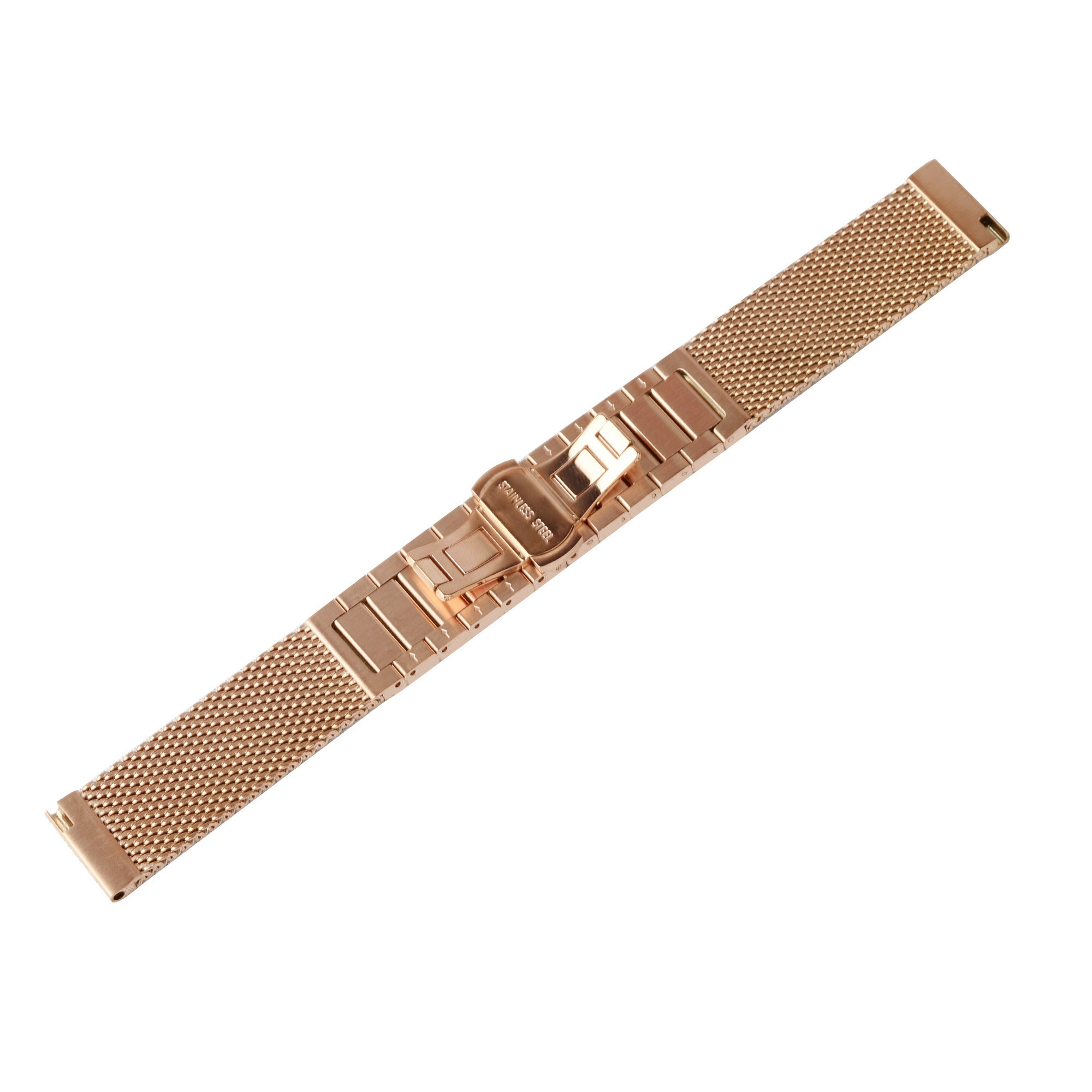 Roségoldenes Uhrenarmband auf Weiß. Mesh-Armband mit Edelstahlverschluss. Auf dem Verschluss steht 'STAINLESS STEEL'.
