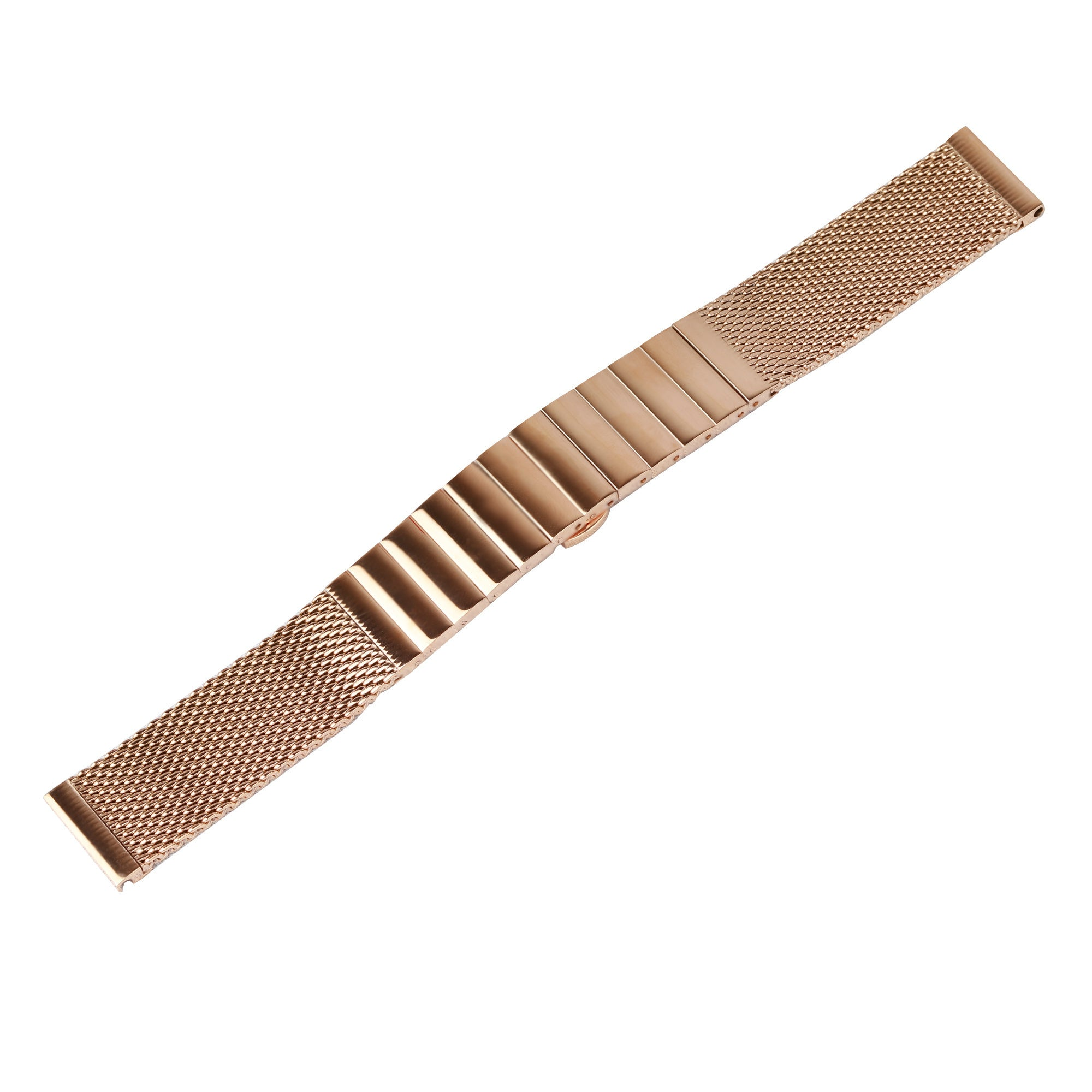Ein roségoldenes Uhrenarmband liegt vor weißem Hintergrund. Das Armband besteht aus einem feinen Netz und rechteckigen Gliedern.