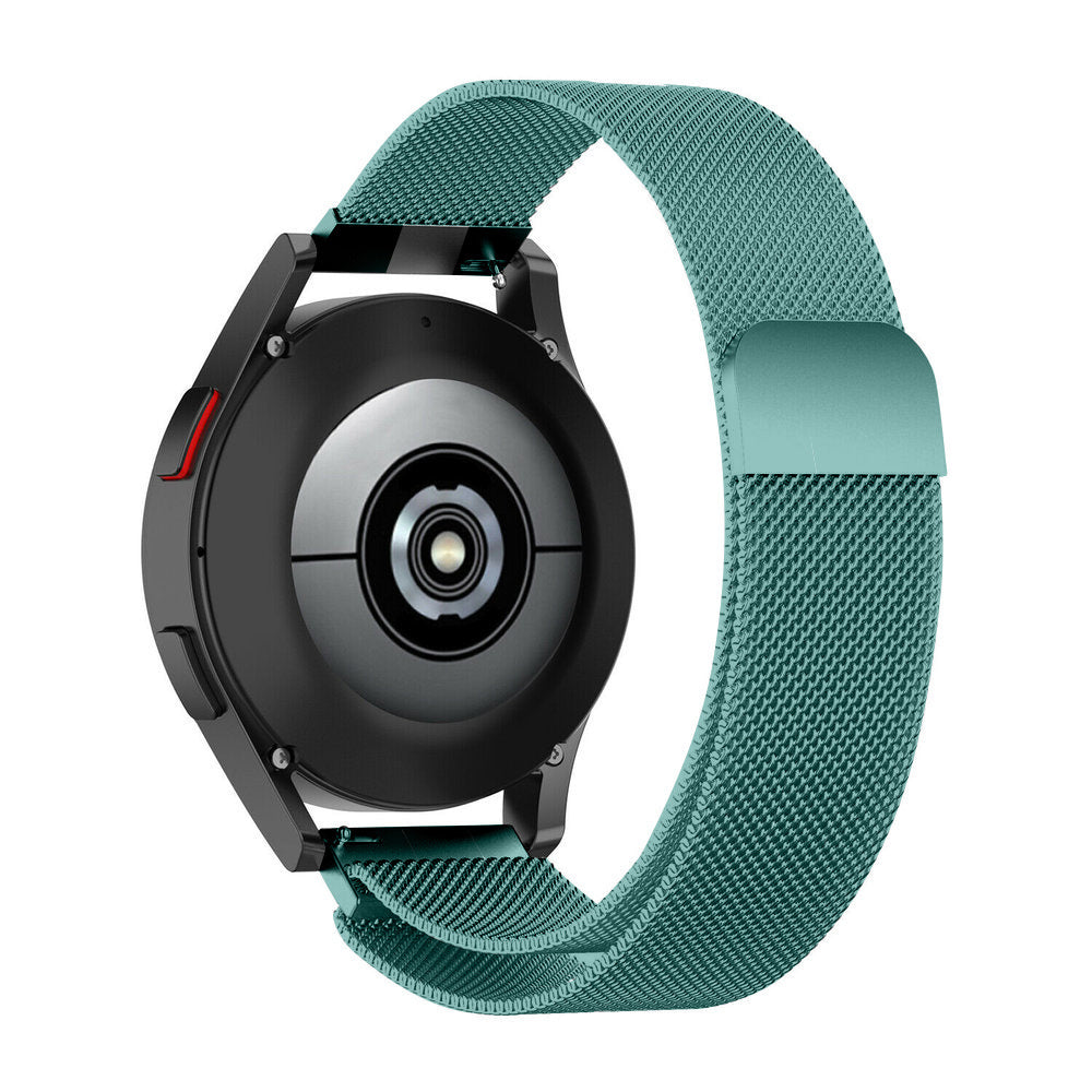 Eine schwarze Smartwatch mit tealfarbenem Armband wird gezeigt. Die Rückseite der Uhr hat einen Sensor, und das Armband ist im Mesh-Stil mit Magnetverschluss.