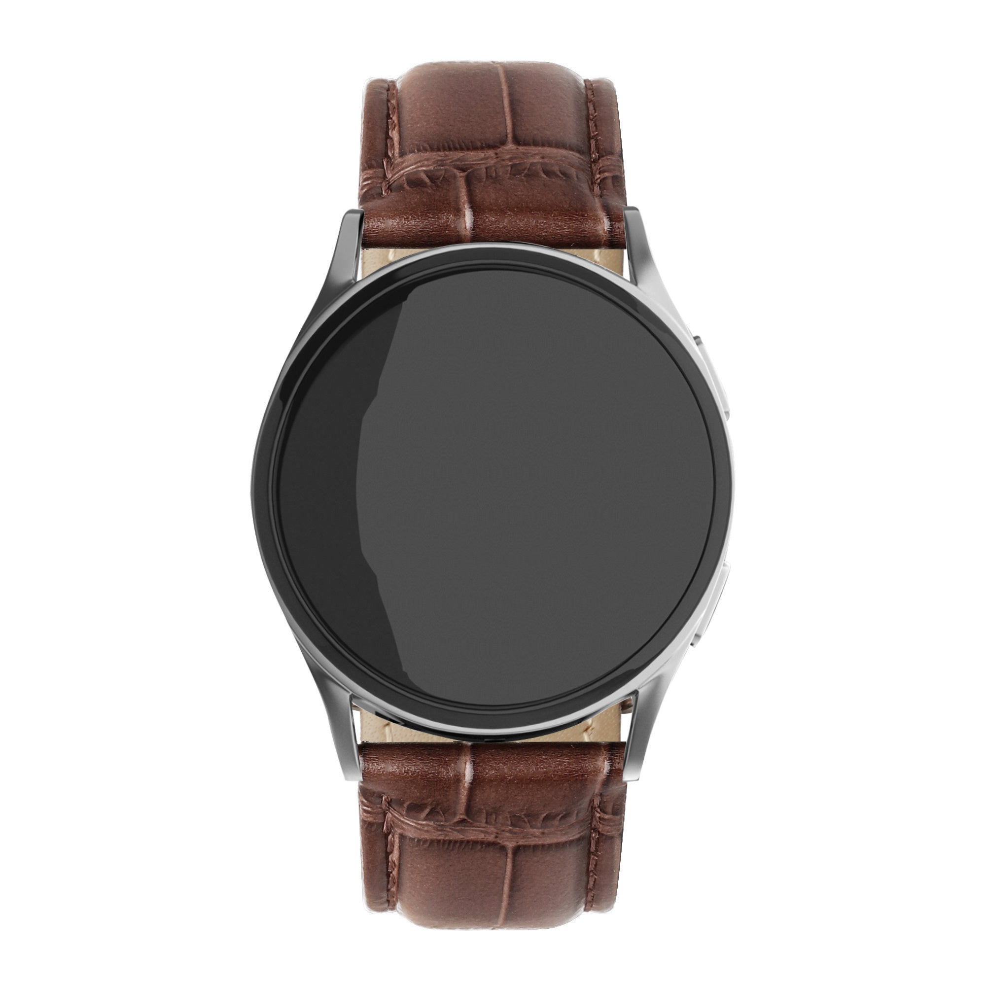 Eine Smartwatch mit silbernem Gehäuse, schwarzem Bildschirm und braunem Lederarmband auf weißem Hintergrund.