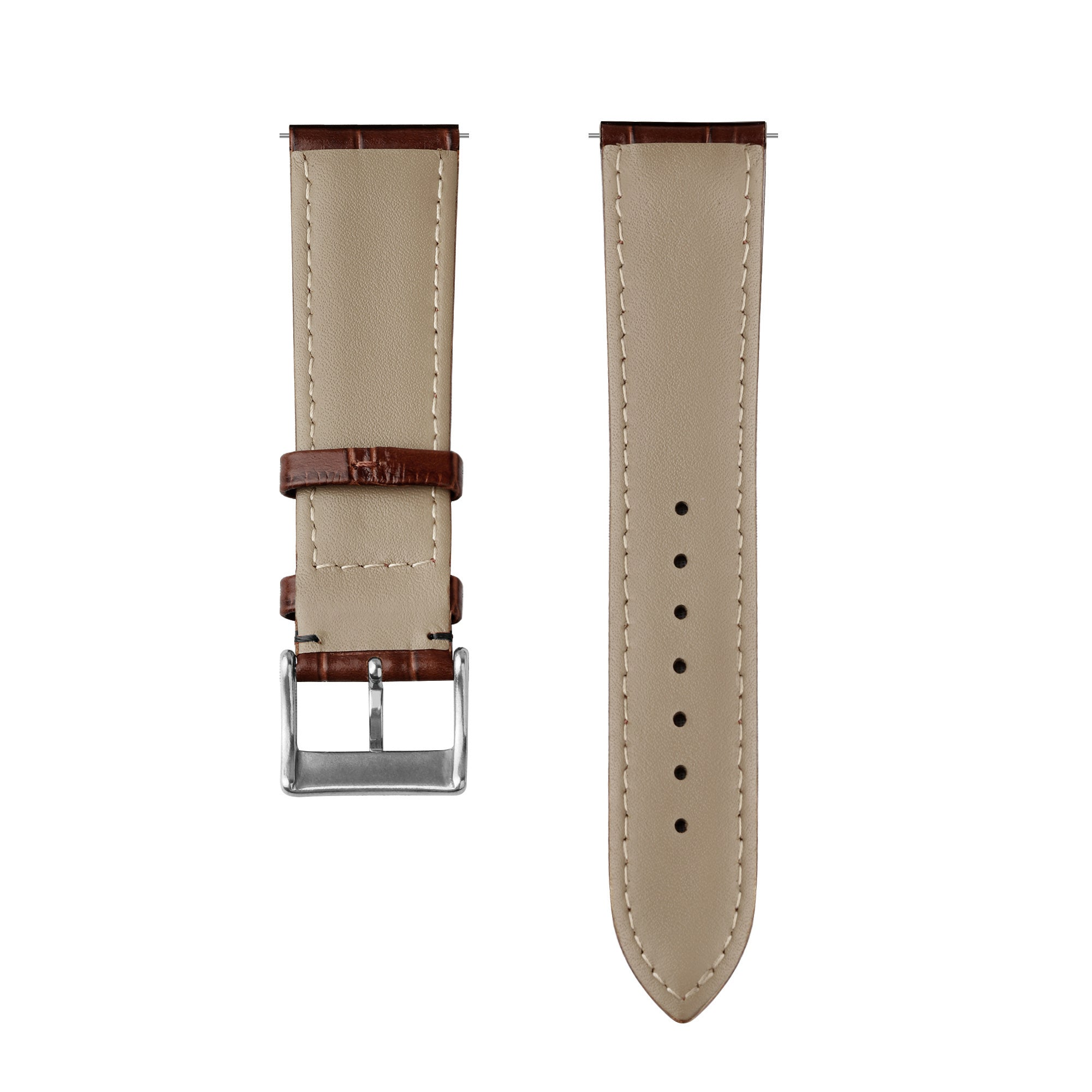 Zwei Armbänder auf weißem Hintergrund. Eines hat eine Schnalle, das andere Löcher. Beide sind hellbraun mit braunen Akzenten.