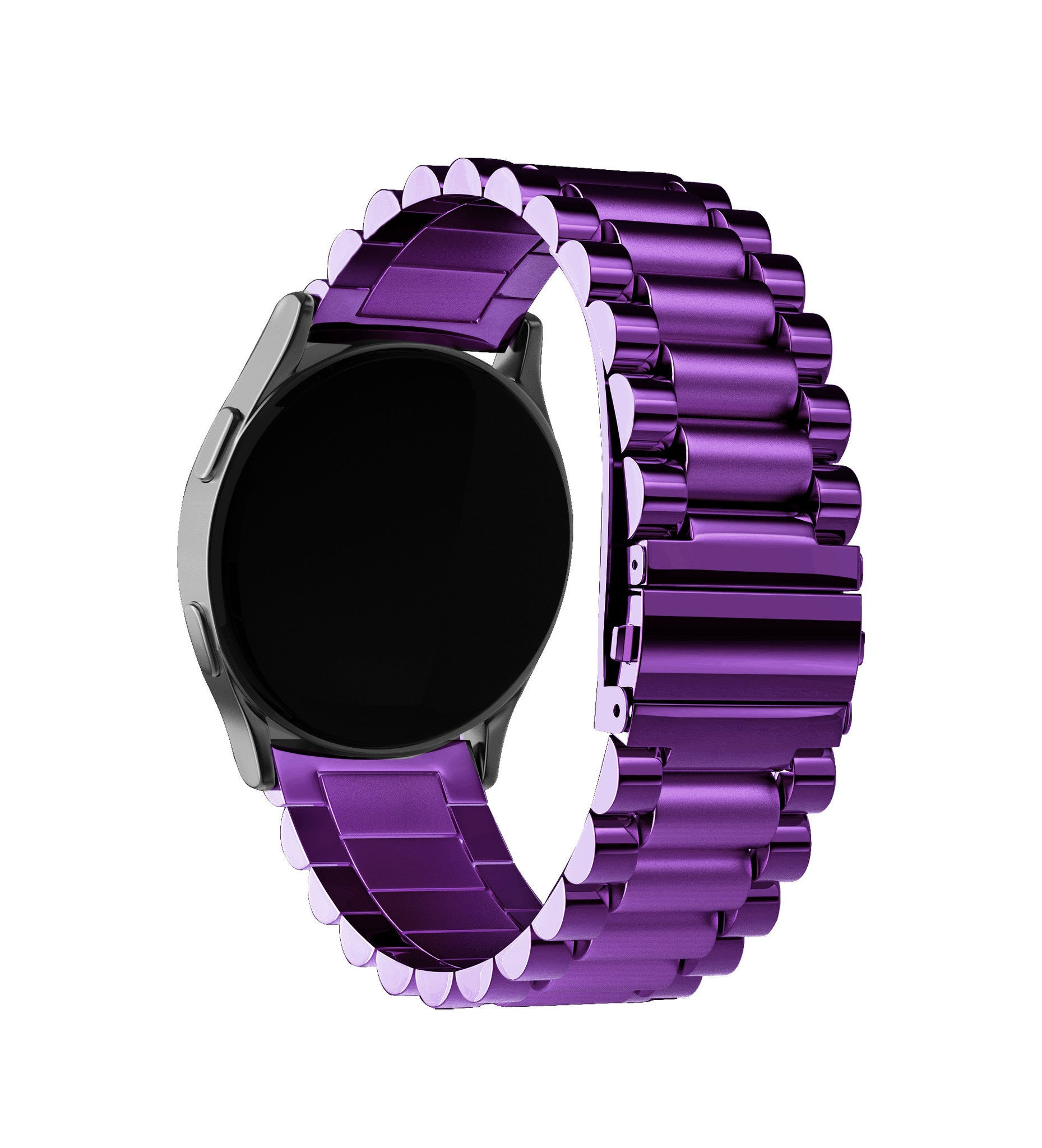 Eine violette Smartwatch mit kreisförmigem schwarzem Bildschirm und passendem violettem Metallarmband auf weißem Hintergrund.