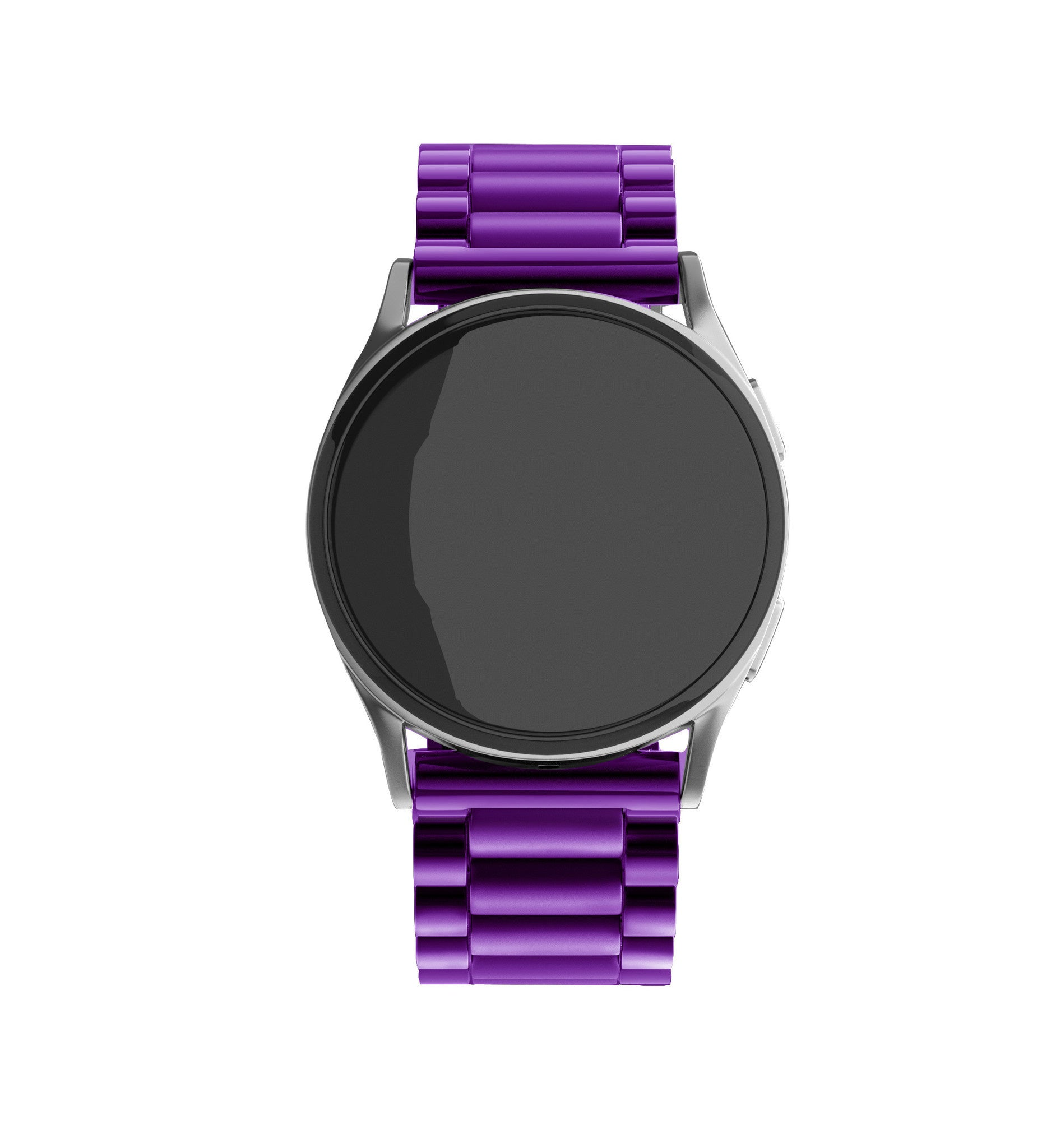 Eine Smartwatch mit silberner Lünette und rundem schwarzem Bildschirm. Sie hat ein lilafarbenes Metallband. Der Hintergrund ist weiß.