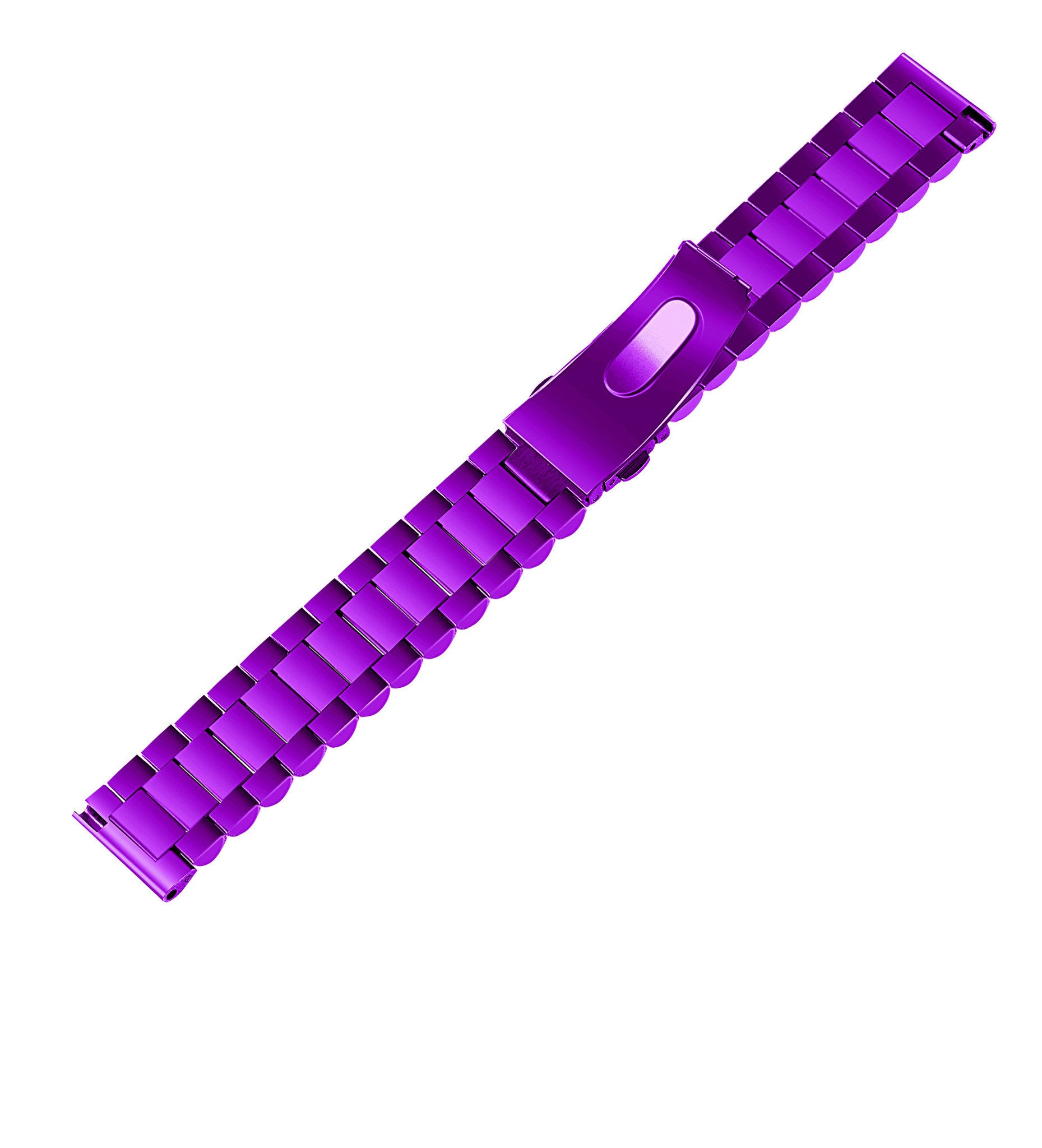 Ein glänzendes, lila Metall-Uhrenarmband liegt diagonal vor einem weißen Hintergrund. Das Band hat rechteckige Glieder und einen Verschluss.