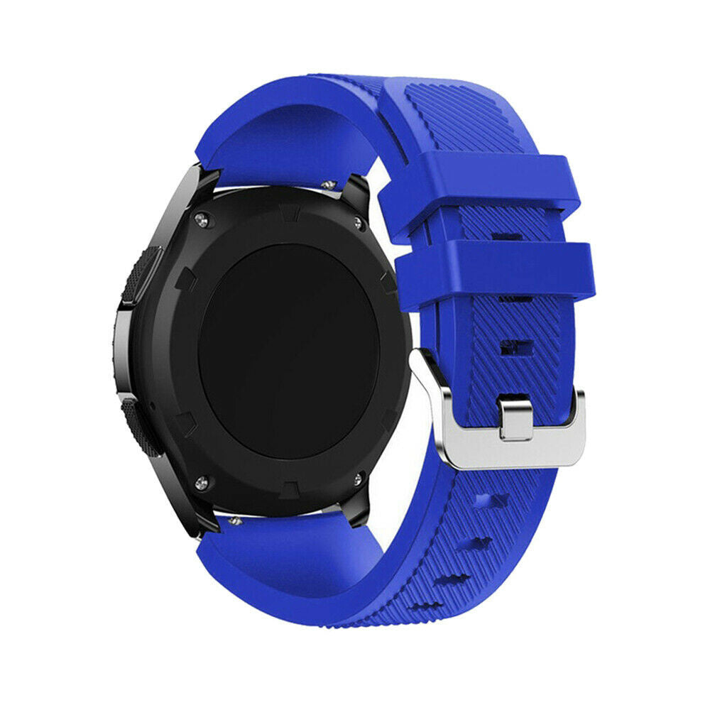Eine schwarze Smartwatch mit blauem Armband. Das Band ist mit einer silbernen Schnalle verbunden. Der Bildschirm ist schwarz.