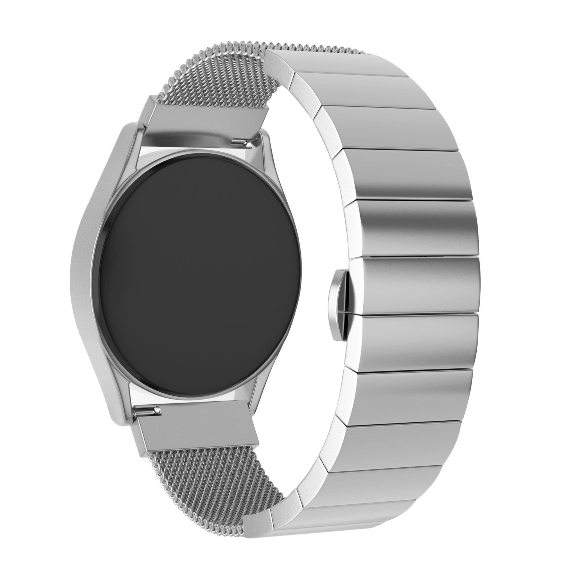 Silberne Smartwatch auf weißem Hintergrund. Verfügt über einen runden schwarzen Bildschirm und ein Metall-Mesh- und Gliederband.