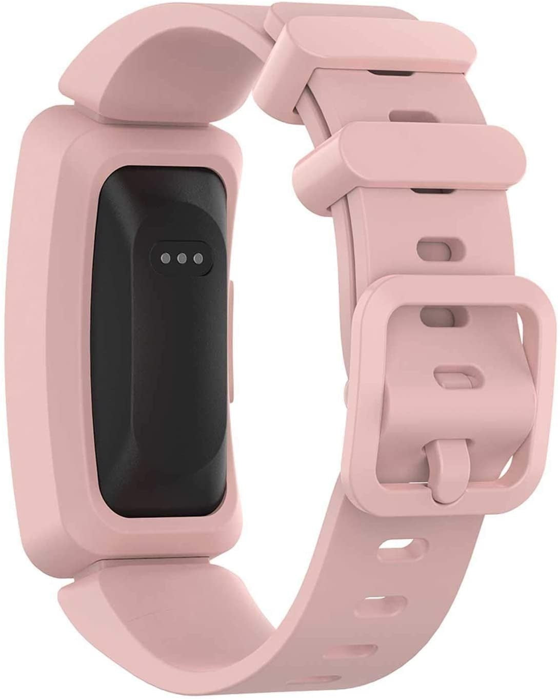 Nahaufnahme einer rosa Smartwatch. Das Zifferblatt ist schwarz mit drei kleinen Kreisen. Das Armband hat eine Schnalle.