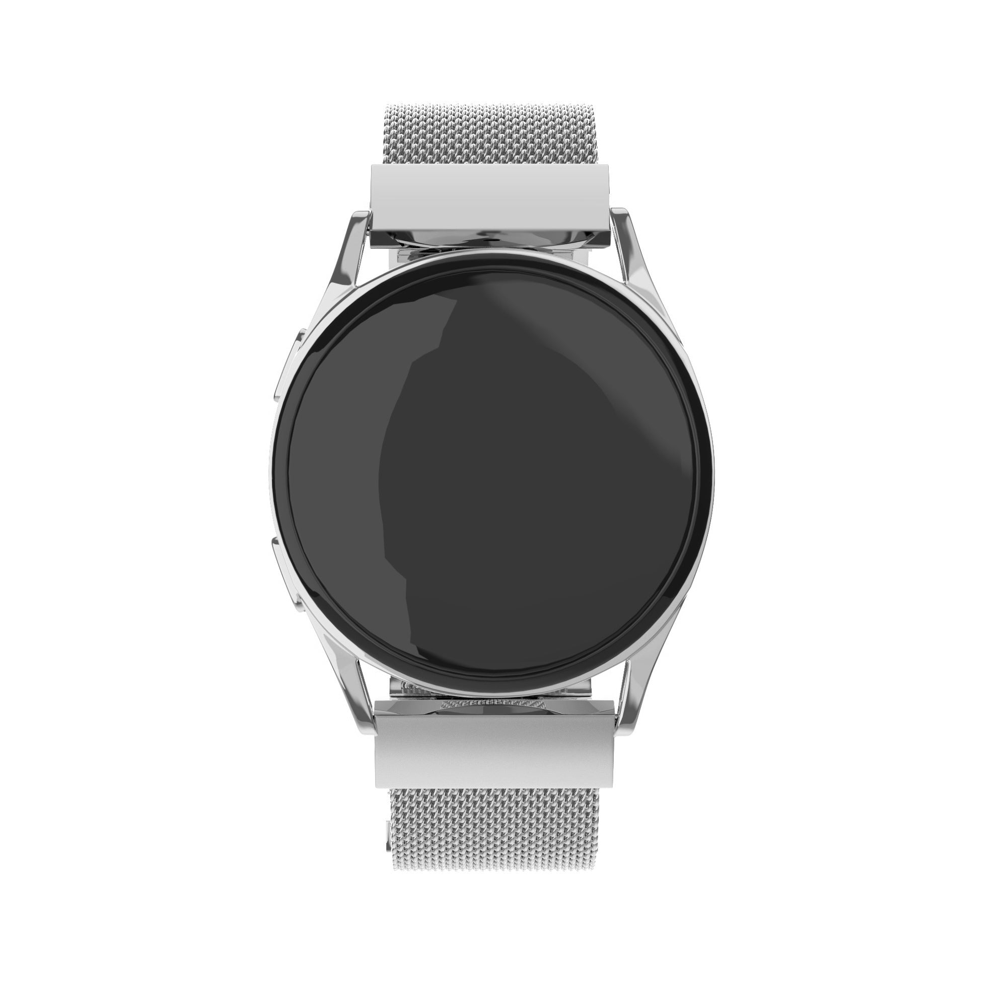 Eine silberne Smartwatch mit schwarzem kreisförmigem Bildschirm und Mesh-Armband vor weißem Hintergrund.