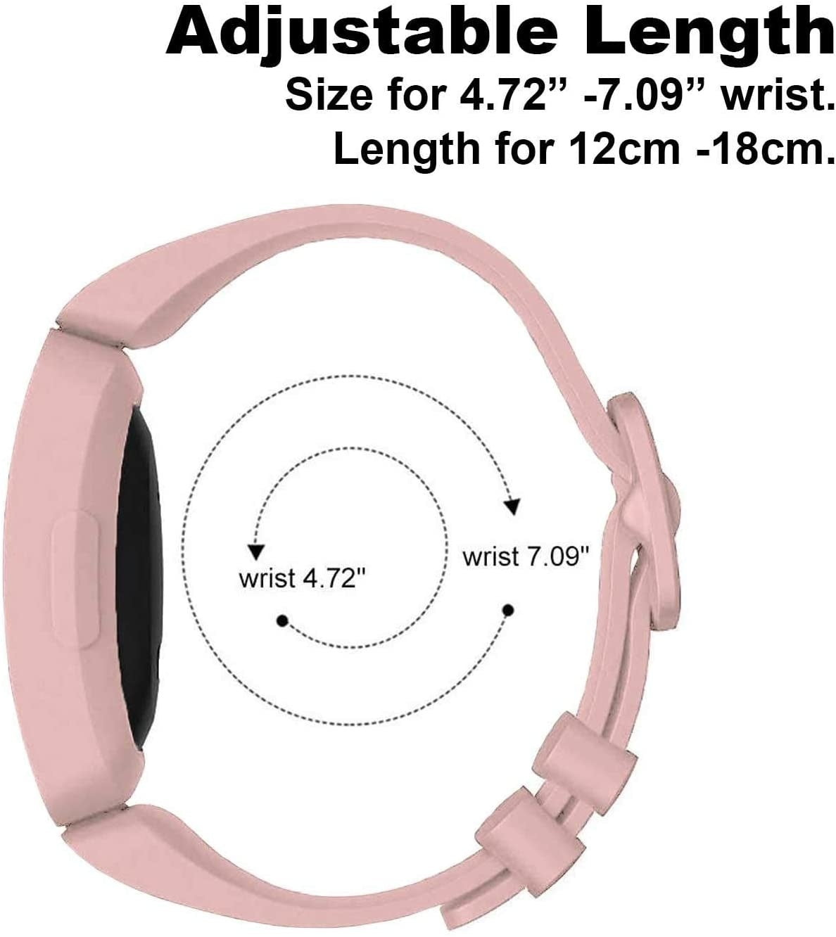 Ein rosa Smartwatch-Armband mit Text, der die einstellbare Länge und Handgelenkgrößen anzeigt. Gepunktete Kreise zeigen Handgelenkgrößenbereiche.