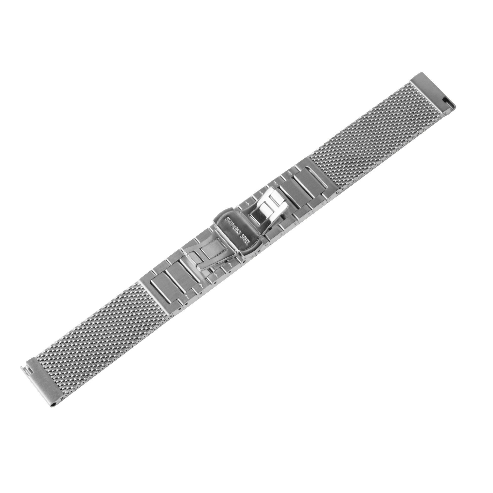 Ein silbernes Edelstahl-Uhrenarmband mit Maschendesign, das diagonal auf weißem Hintergrund liegt.