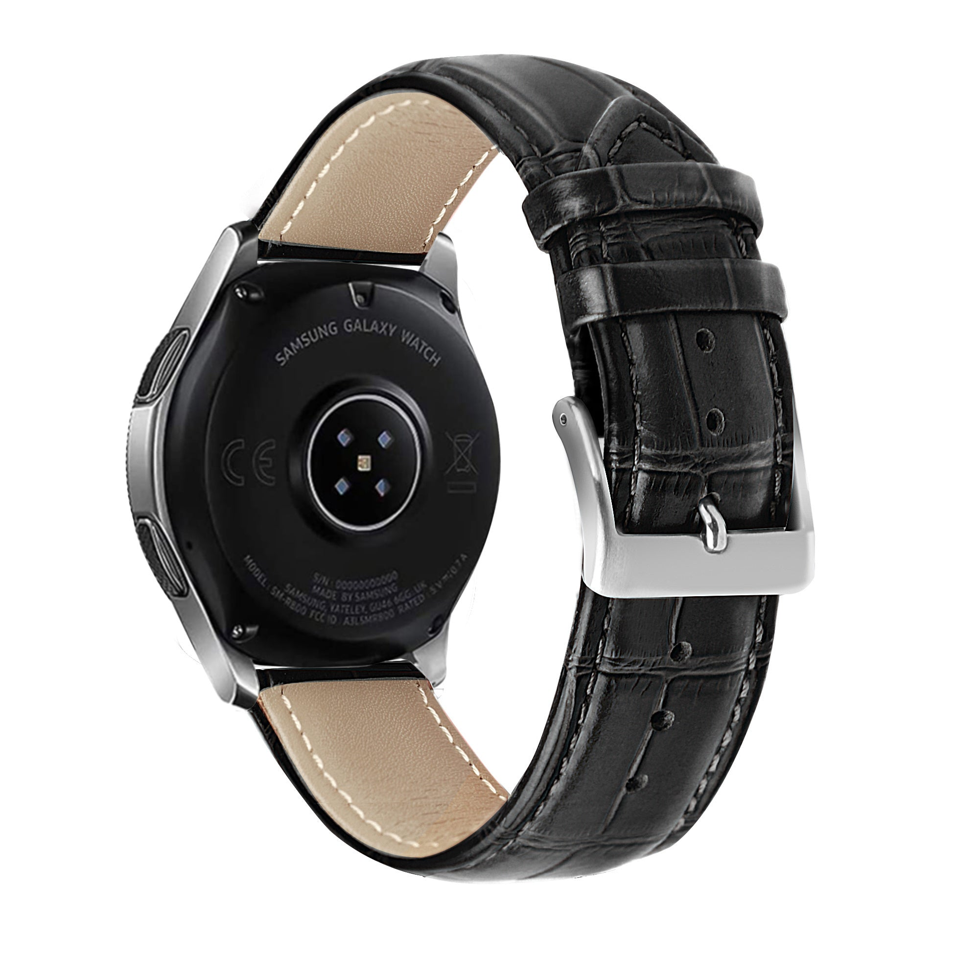 Eine schwarze Samsung Galaxy Watch mit schwarzem Lederarmband, silberner Schnalle und hellfarbenem Lederfutter, vor weißem Hintergrund.