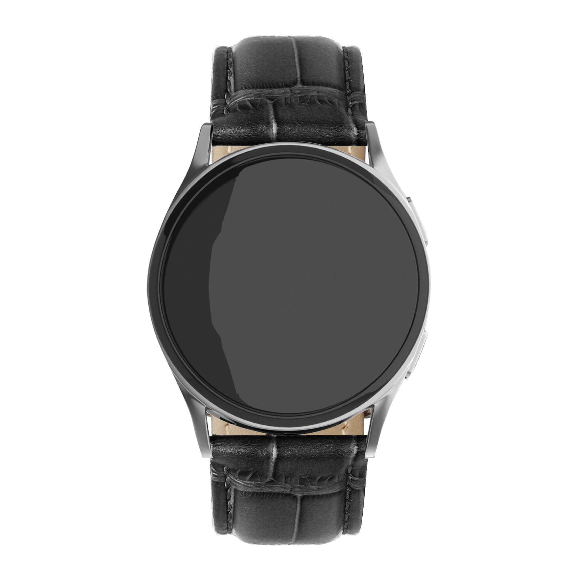 Eine runde Smartwatch mit schwarzem Bildschirm und schwarzem Lederarmband, zentriert auf weißem Hintergrund.