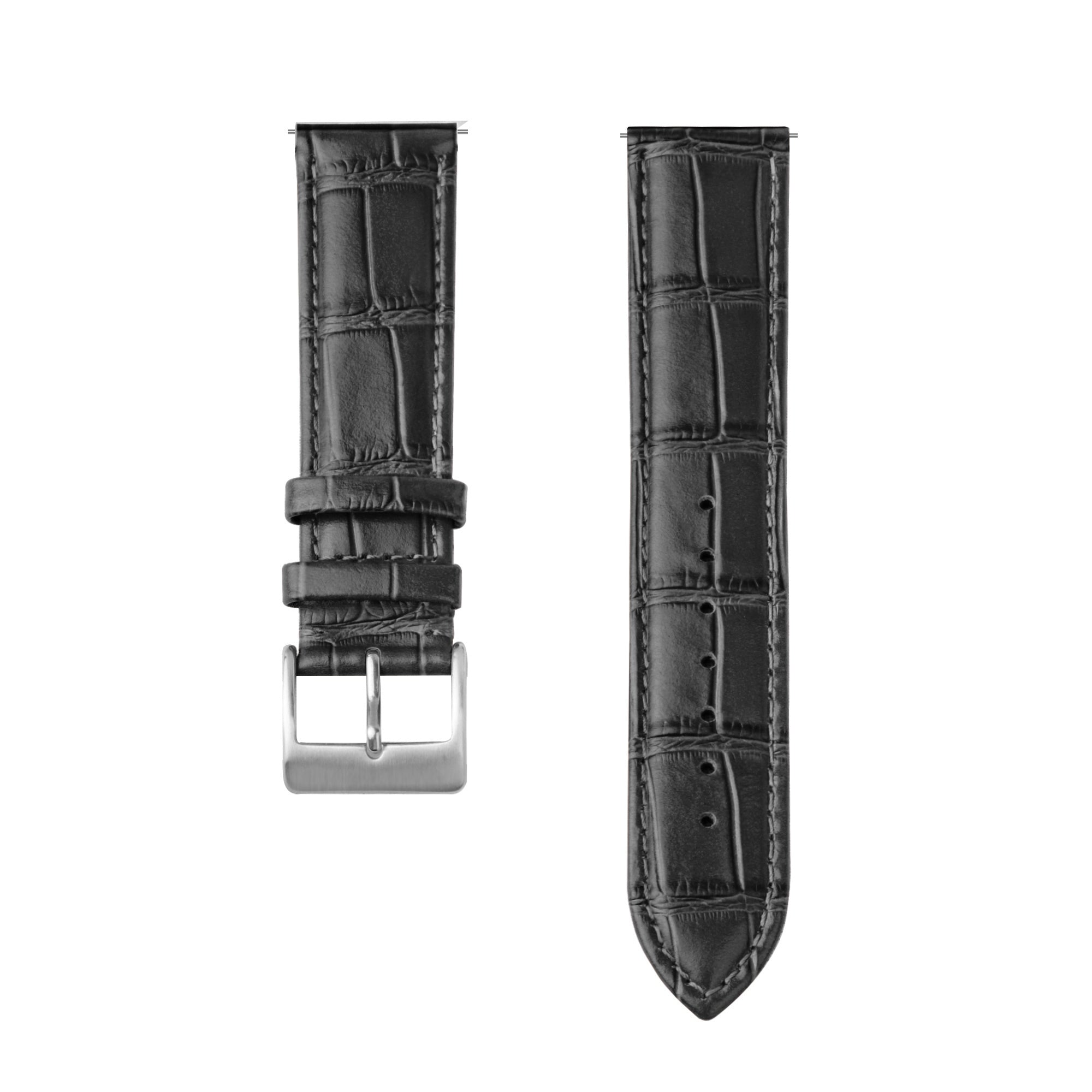 Zwei schwarze Uhrenarmbänder mit Krokodilmuster auf weißem Hintergrund. Eines hat eine silberne Schnalle.