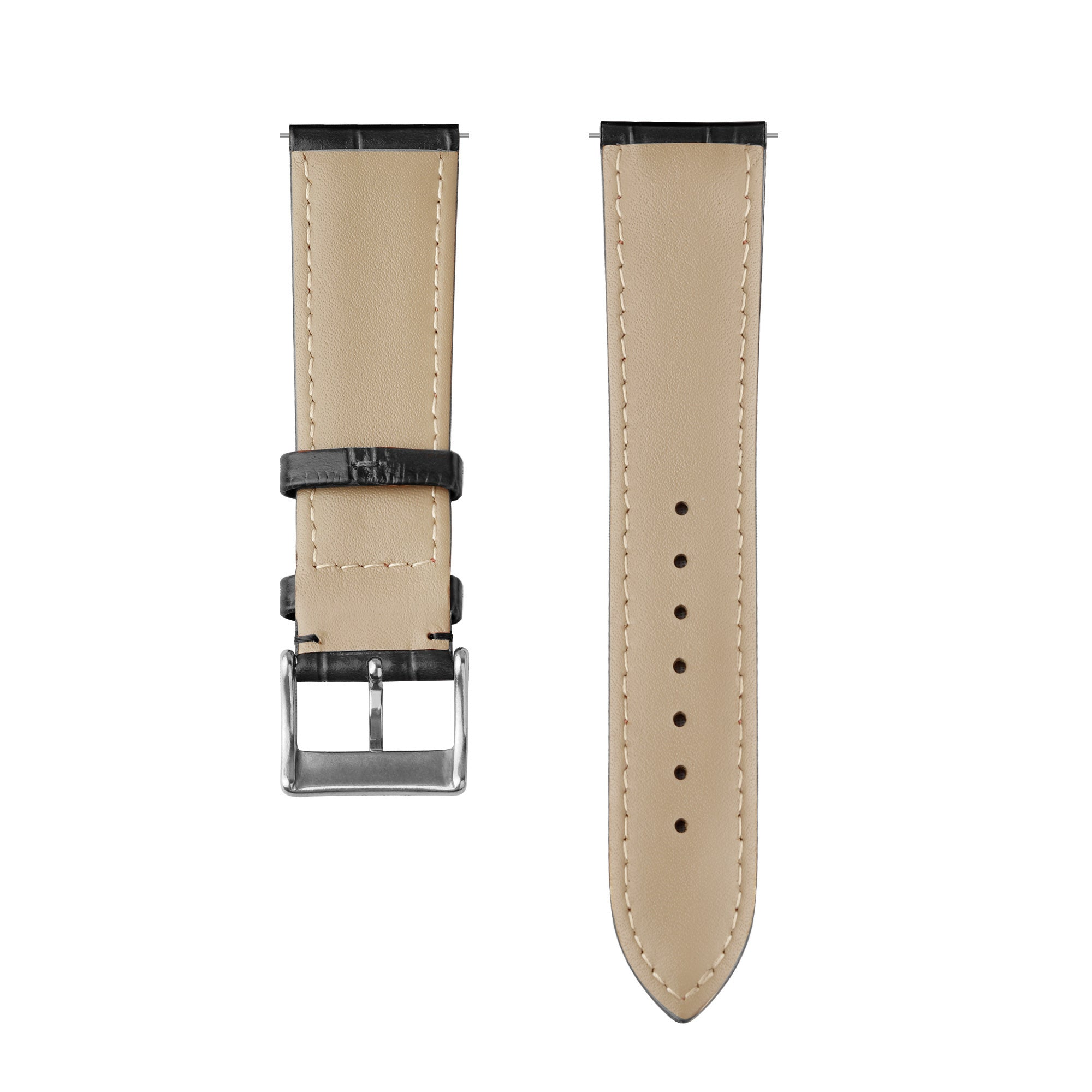 Zwei Uhrenarmbänder, schwarzes Leder außen, beiges Innenfutter, eines mit Schnalle, das andere mit Löchern, isoliert auf weißem Hintergrund.