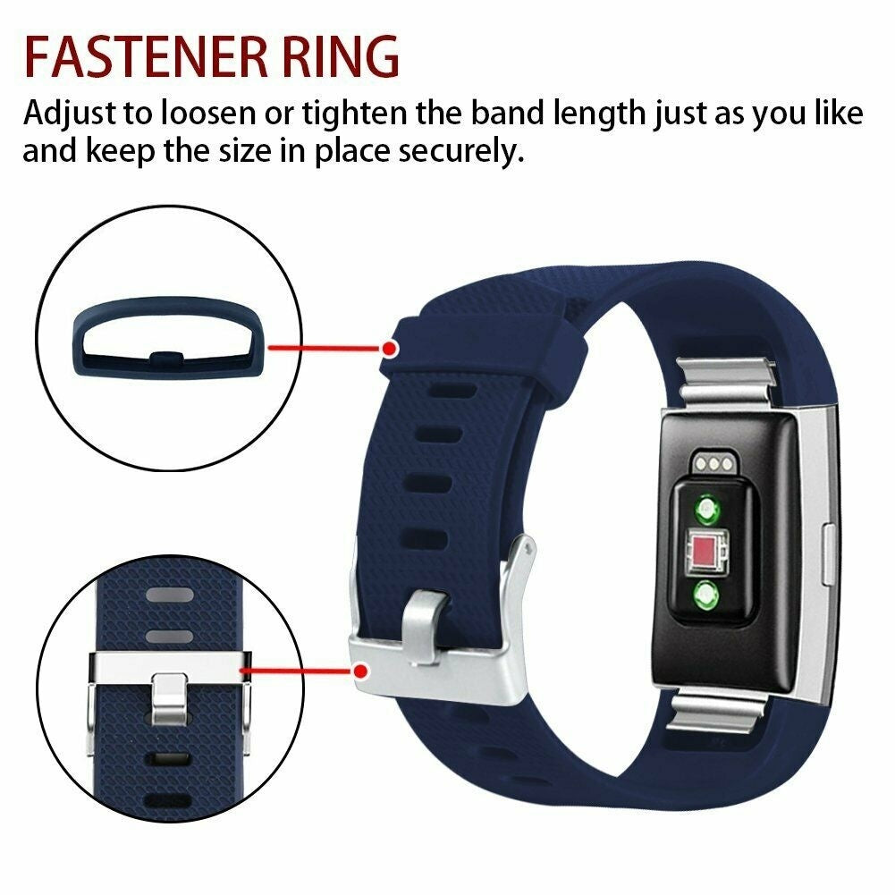 Das Bild zeigt ein marineblaues Uhrenarmband. Details des Verschlussrings sind abgebildet. Ein Bildschirm zeigt die Funktionen der Uhr.