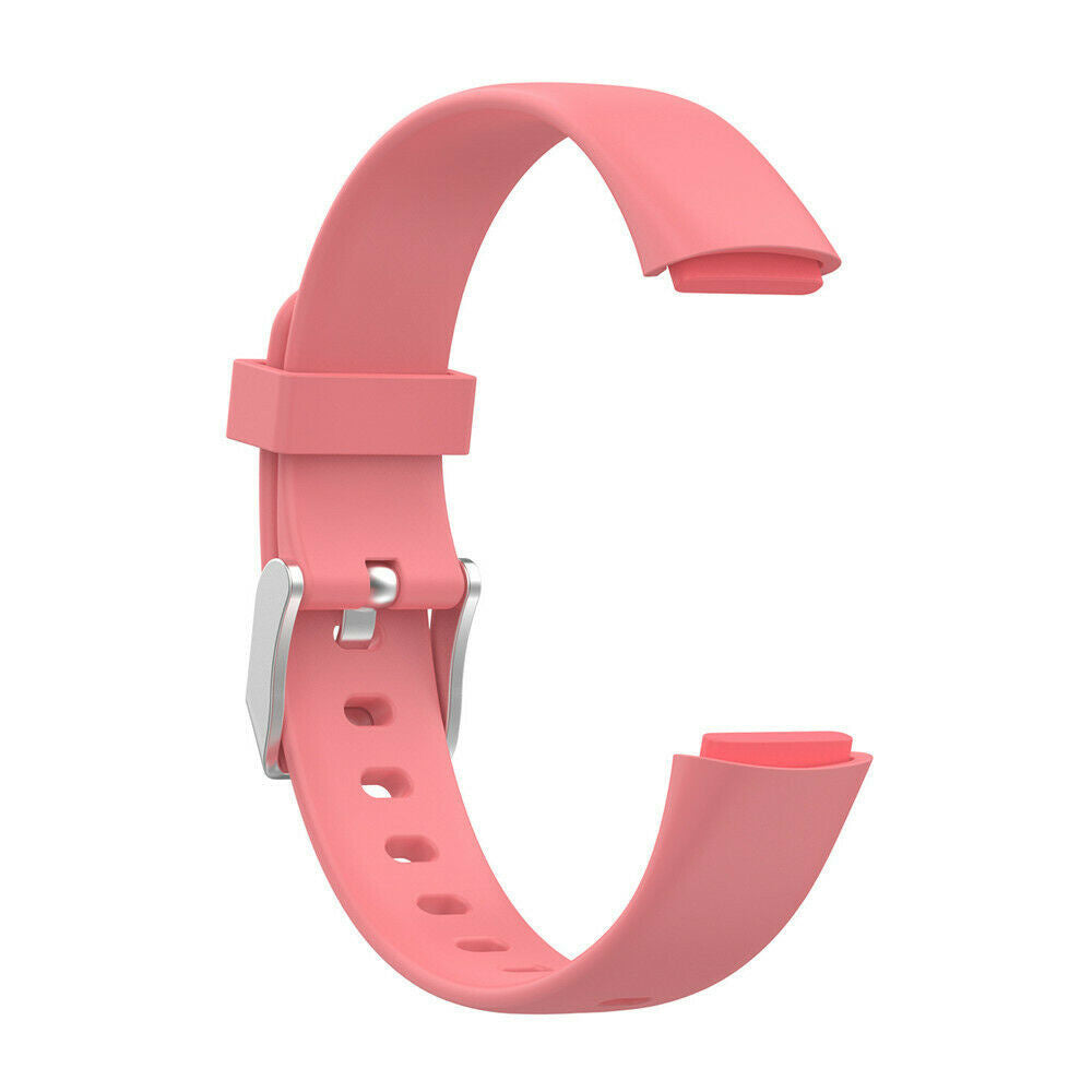 Ein pinkfarbenes Smartwatch-Armband, C-förmig, mit silberner Schnalle. Das Armband hat mehrere Löcher zur Anpassung. Der Hintergrund ist weiß.