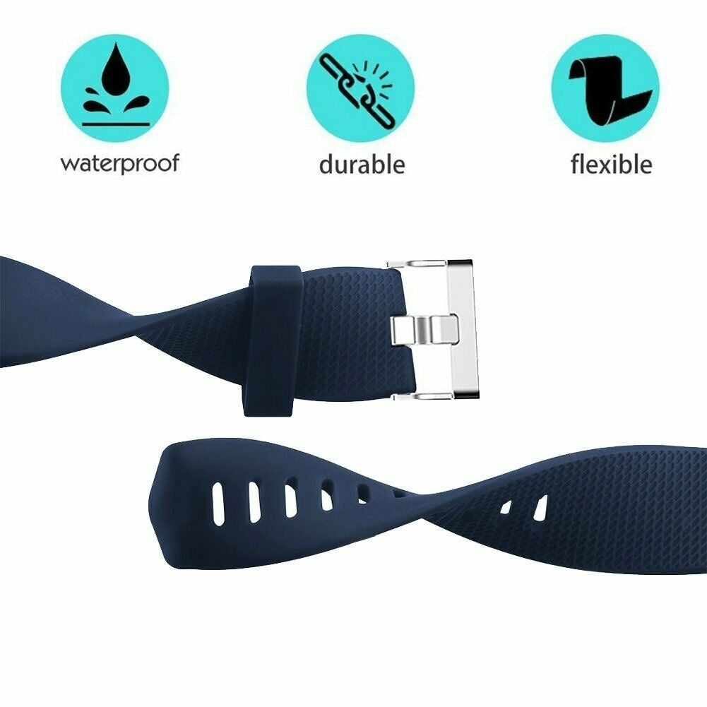 Ein marineblaues Uhrenarmband mit Symbolen für wasserdicht, langlebig und flexibel. Das Armband hat einen Metallverschluss.