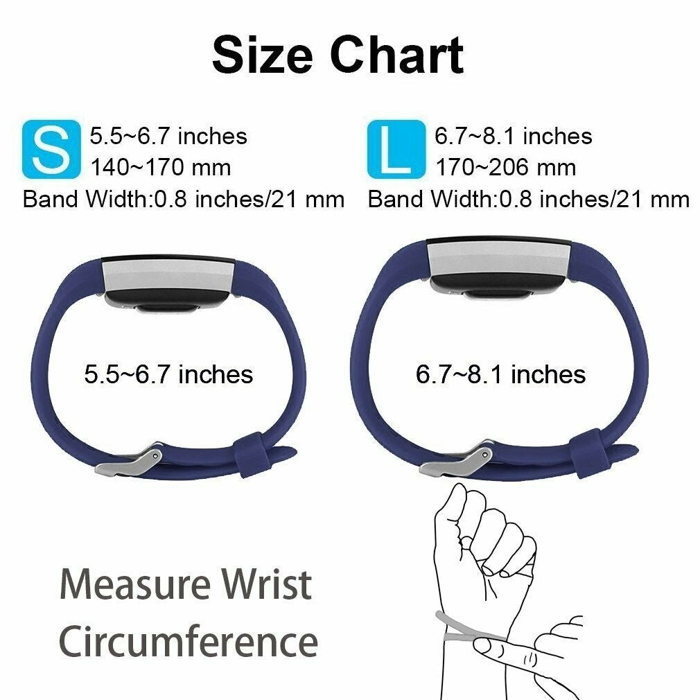 Größentabelle zeigt Armbandgrößen: S (5,5-6,7 Zoll) und L (6,7-8,1 Zoll). Enthält Bandbreiteninformationen und Handgelenkmessung.