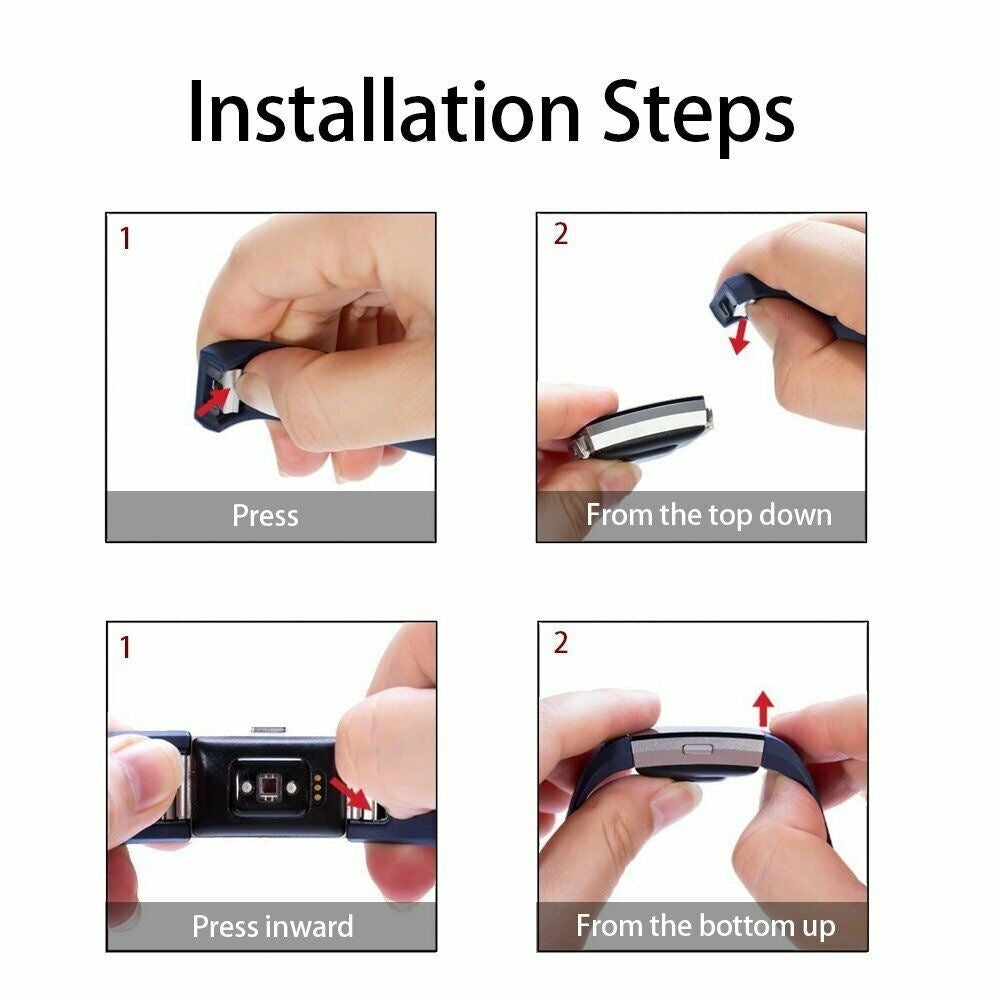 Installationsschritte für ein Uhrenarmband. Hände drücken und Teile einsetzen. Text zeigt Aktionen: Drücken, Von oben nach unten und Von unten nach oben.