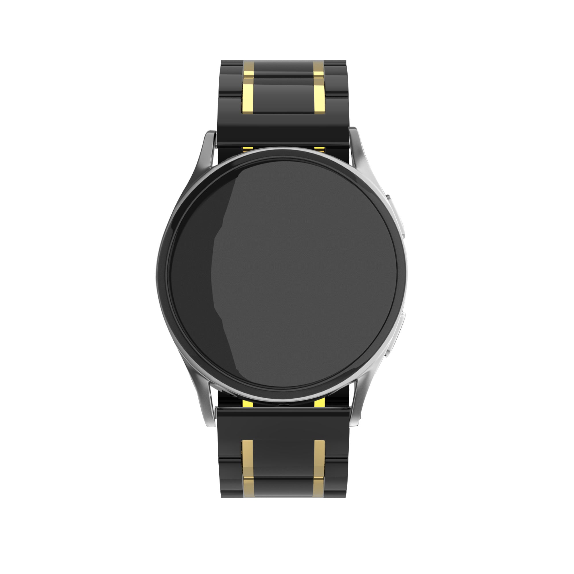 Eine schwarze Smartwatch mit rundem Bildschirm, silbernem Rahmen und schwarz-goldenen Band. Der Hintergrund ist weiß.