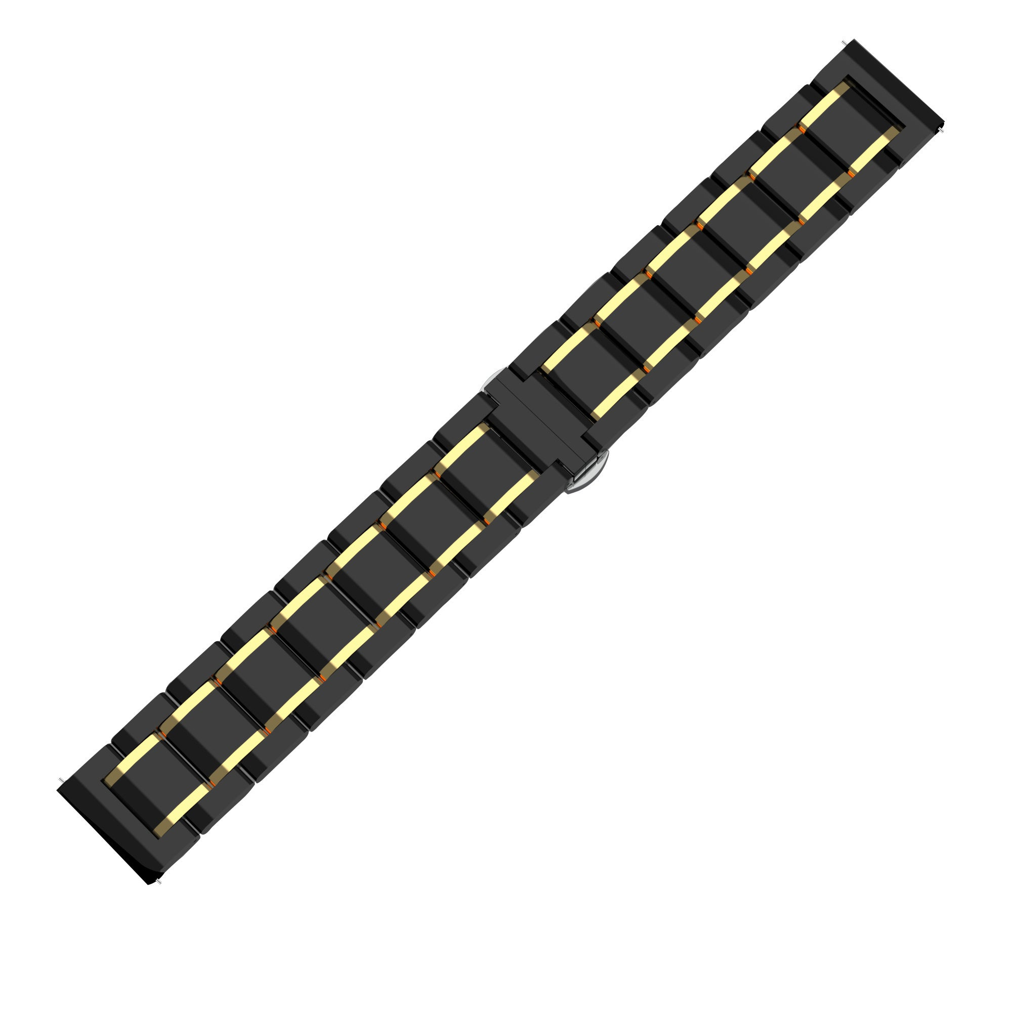 Ein schwarzes und goldenes Uhrenarmband auf weißem Hintergrund. Das Armband besteht aus rechteckigen Gliedern.