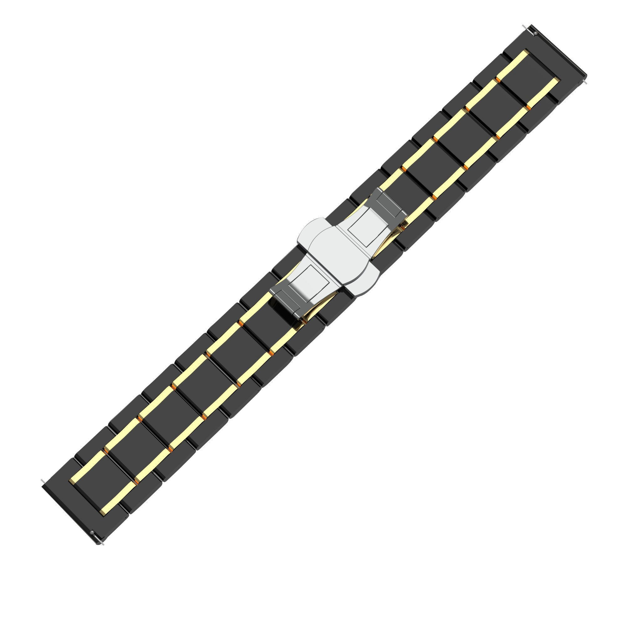 Ein Uhrenarmband auf weißem Hintergrund. Es ist schwarz mit goldenen Akzenten und einer silbernen Schließe in der Mitte.